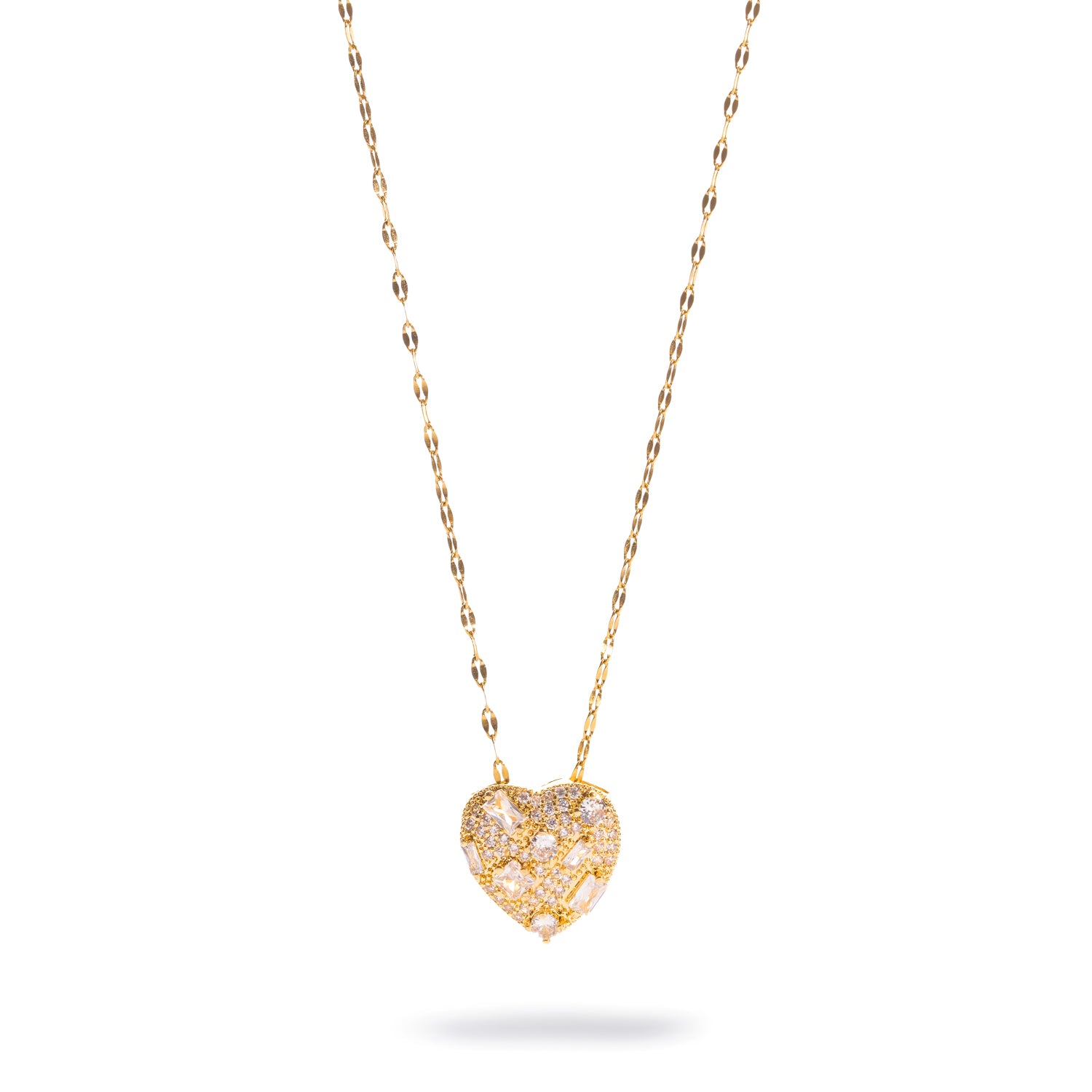 Gold shimmer chain necklace with a big puffed heart pendant set in baguette and round cubic zirconia