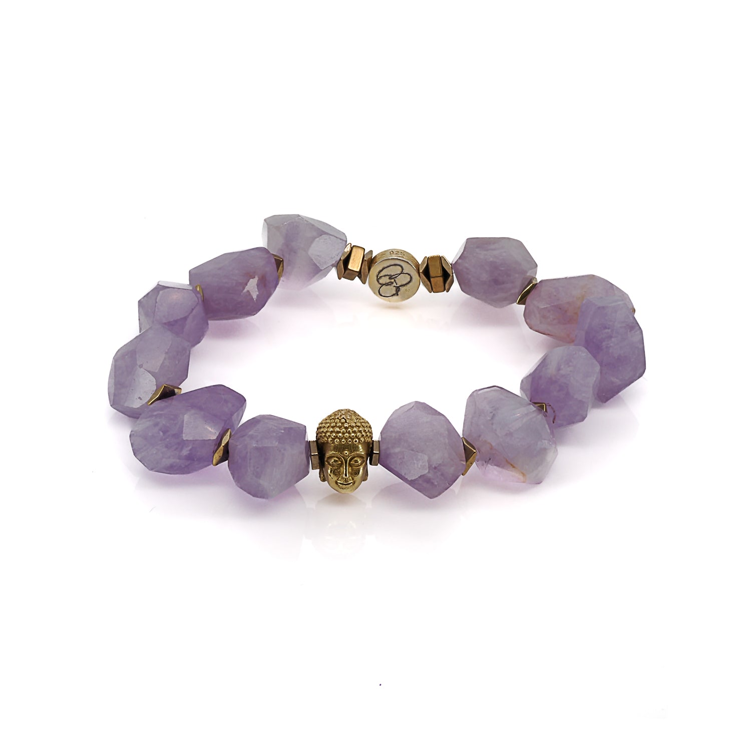 This bracelet harmoniously blends spiritual significance with luxury craftsmanship, featuring natural amethyst stones and a meticulously handcrafted solid gold Buddha bead.