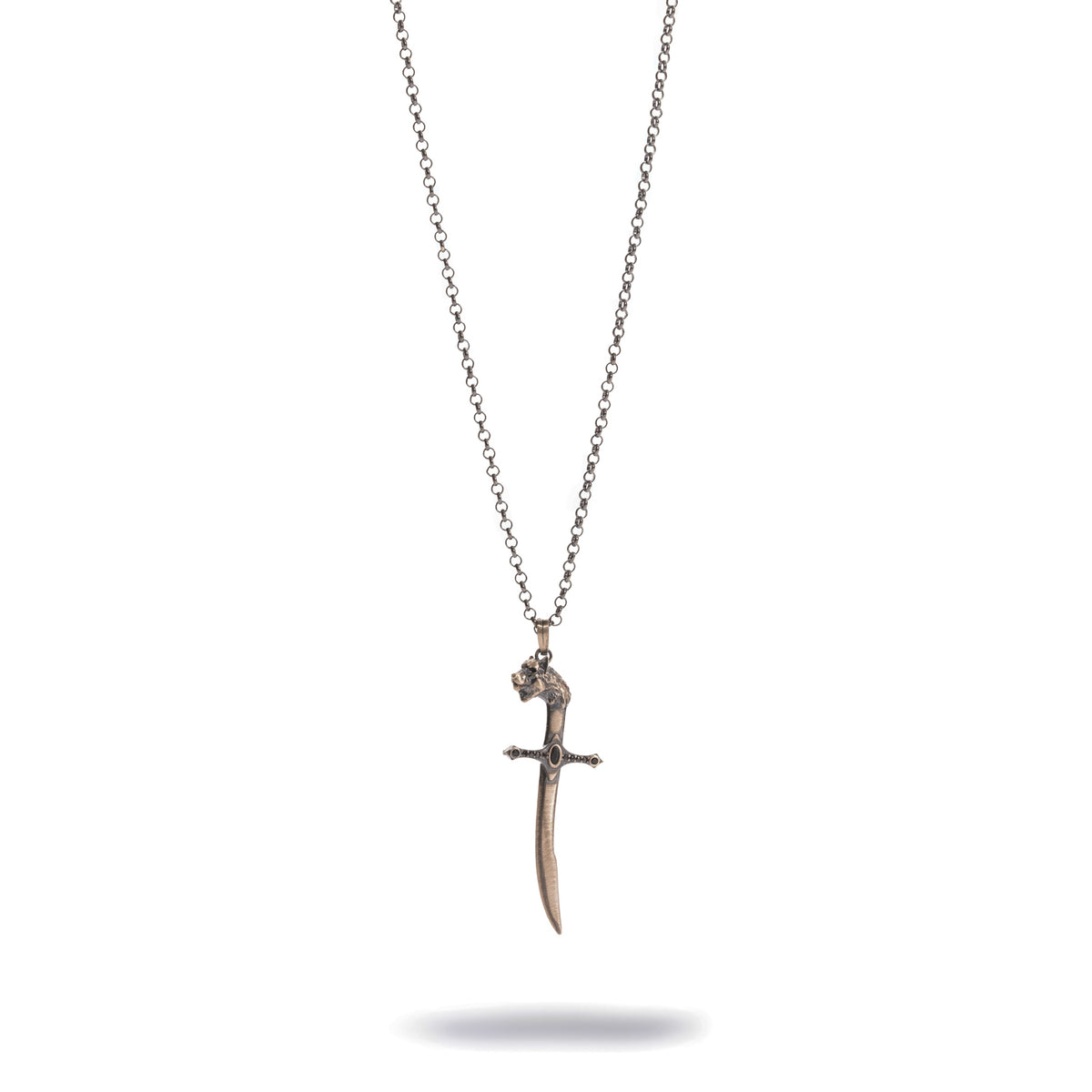Wolf head sword pendant on an oxidised sterling silver rolo chain, front view