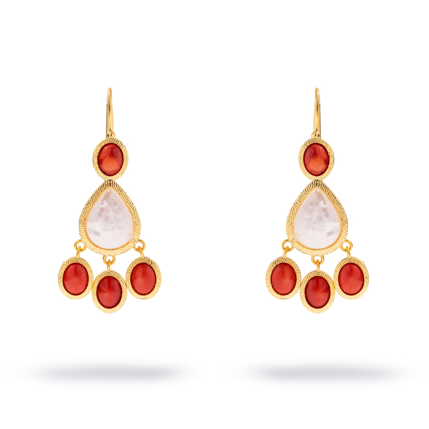Gold chandelier hook earrings with red coral cabochons and a pear mother of pearl centre