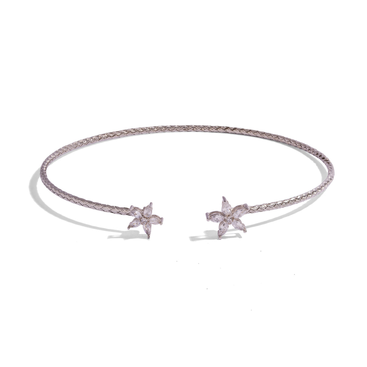Twin Blossom woven sterling silver collar necklace with no clasp, shown open on a white background