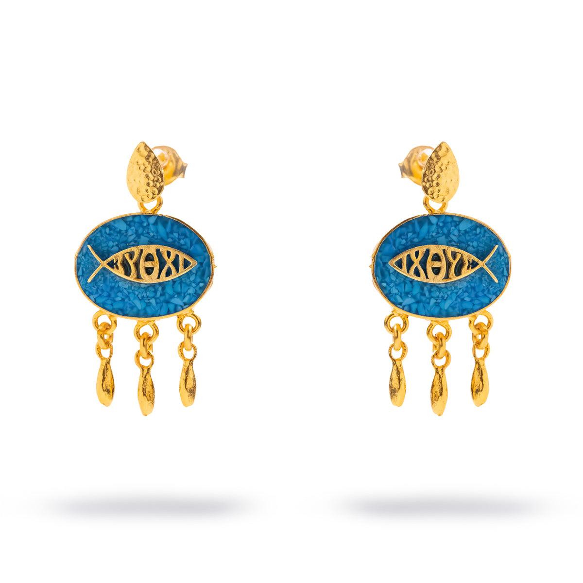Gold drop earrings with turquoise mosaic ovals, an Ichthys fish motif and three teardrop fringe