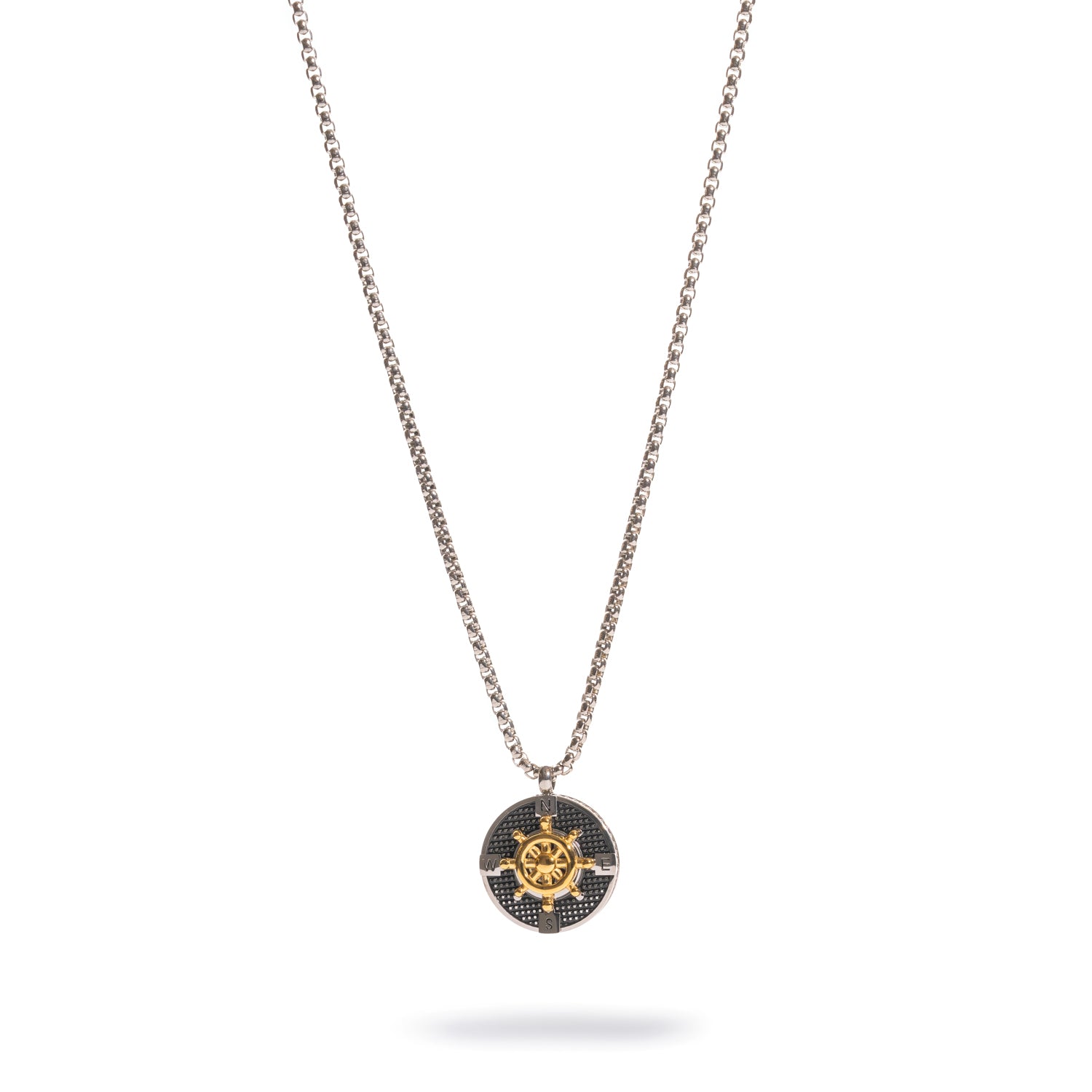 Black and gold compass ship wheel pendant on a polished steel box chain, front view