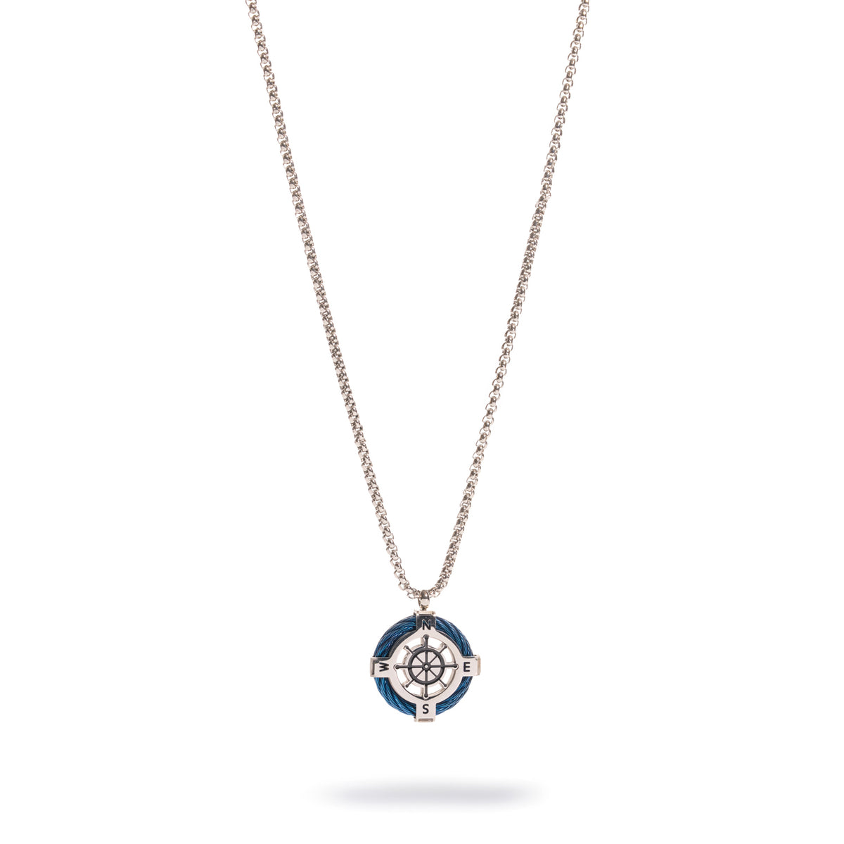 Blue cable compass ship wheel pendant on a polished steel box chain, front view