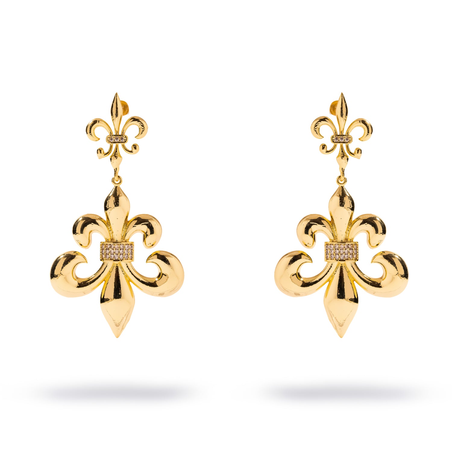 Gold drop earrings with two polished fleur de lis motifs banded with pave crystals