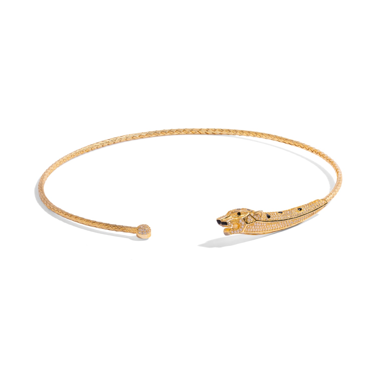 Hand woven gold vermeil collar necklace with a pave white zircon panther head and a pave sphere