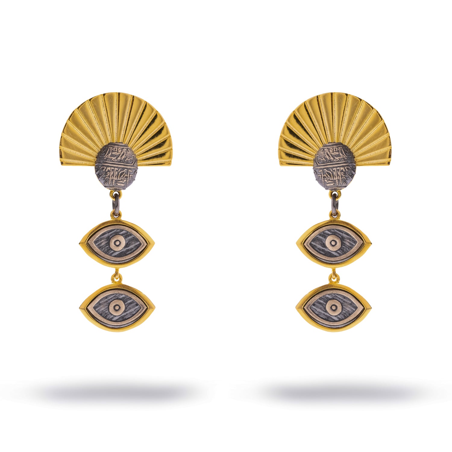 Two-tone earrings with a gold sunray fan, an oxidised silver tablet and two framed ancient eye drops