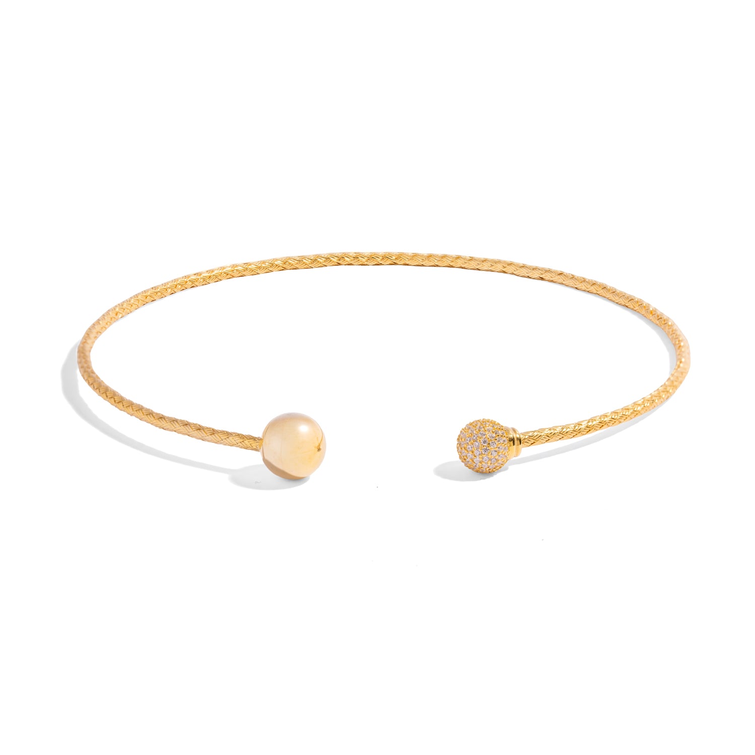 Woven gold vermeil collar necklace with an open front finished by a polished sphere and a pave zircon sphere