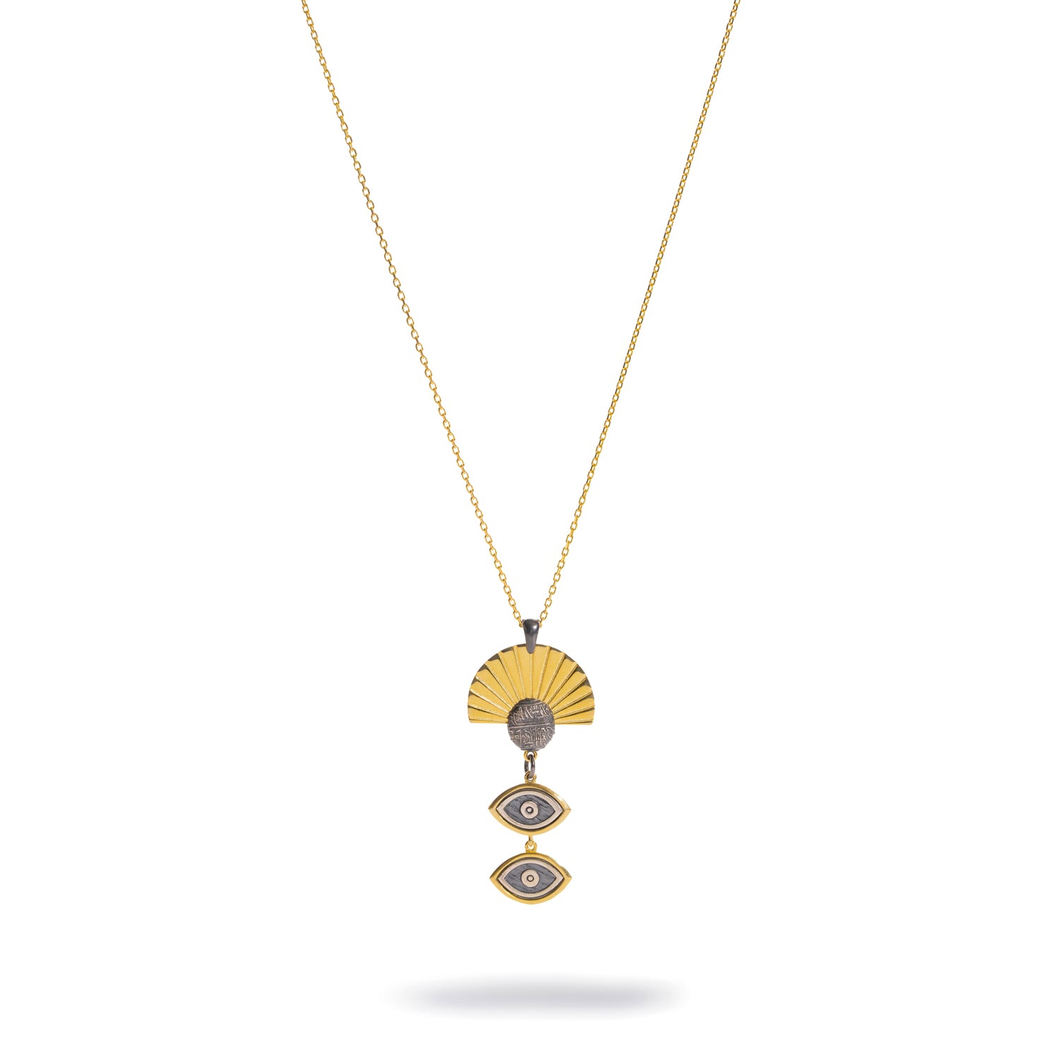 Sunray Ancient Eye Two-Tone Pendant Necklace laid flat, front view of the full chain and two-tone pendant