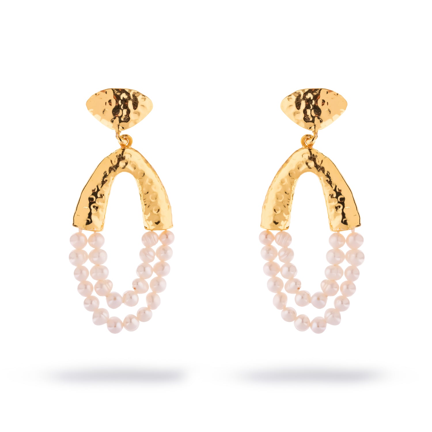 Moonlit Arch Freshwater Pearl Gold Statement Earrings – hammered gold arch with a double strand freshwater pearl loop beneath
