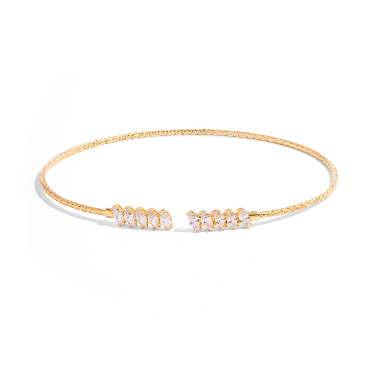 Hand woven gold vermeil choker necklace with an open front and five graduated marquise cubic zirconia along each side