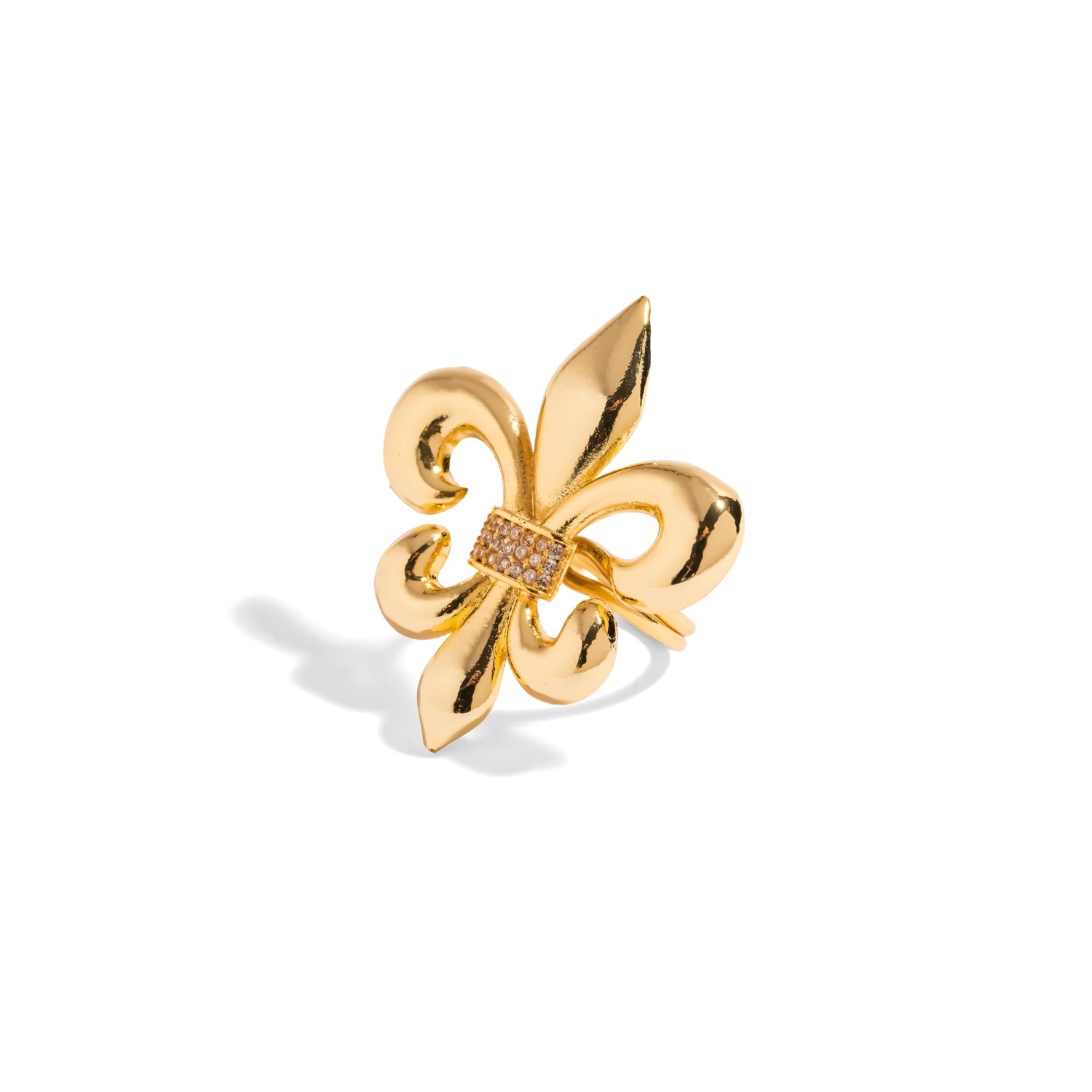 Polished gold fleur de lis ring with a pavé crystal center band