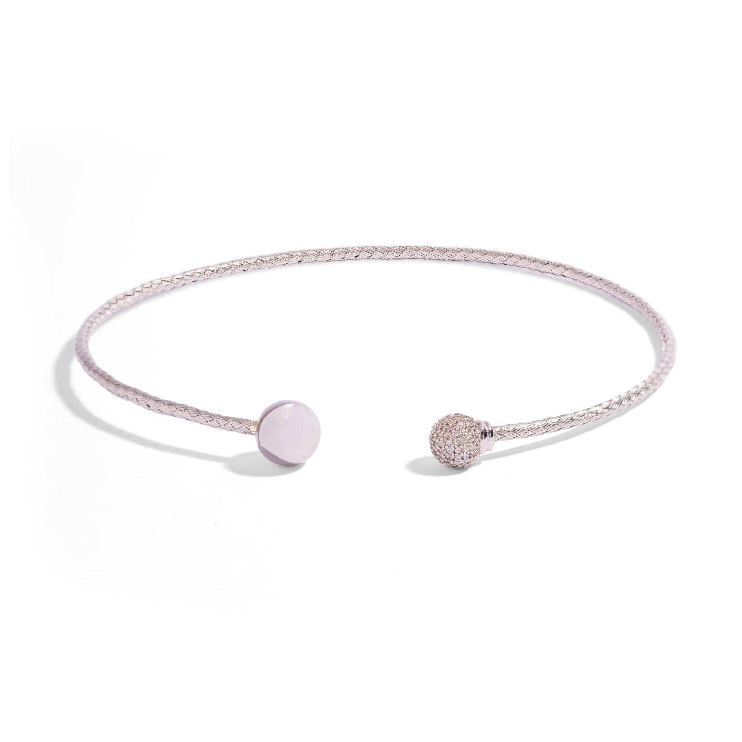 Woven sterling silver collar necklace with an open front finished by a polished sphere and a pave zircon sphere