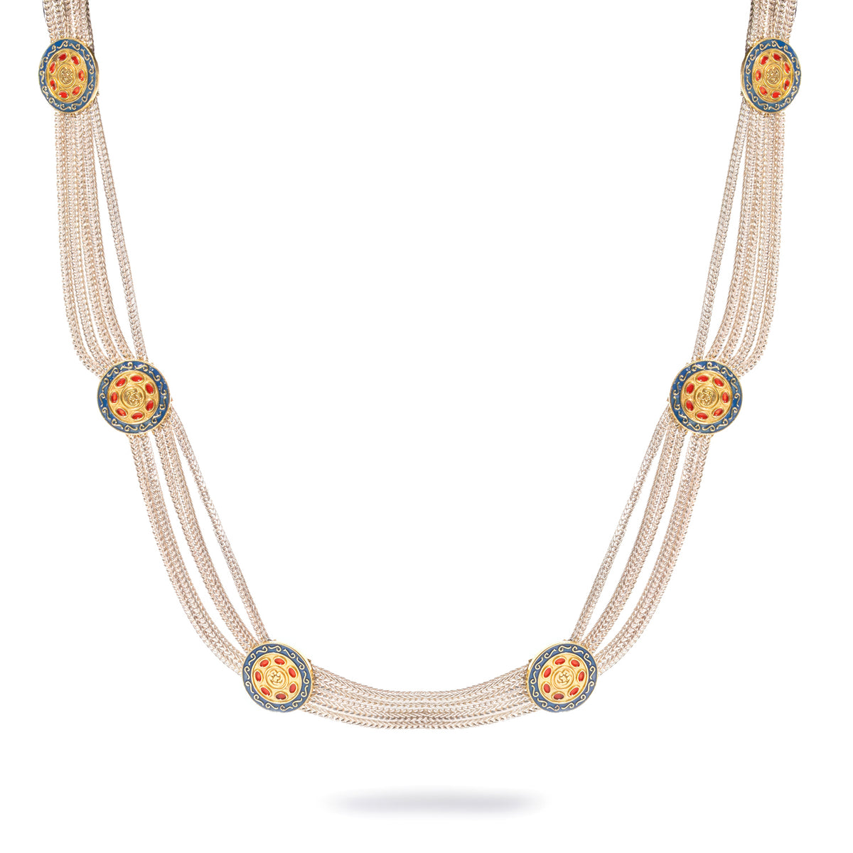 Cleopatra Mystic Vintage Style Two Tone Statement Necklace, multi strand silver chains with blue, red and gold medallions