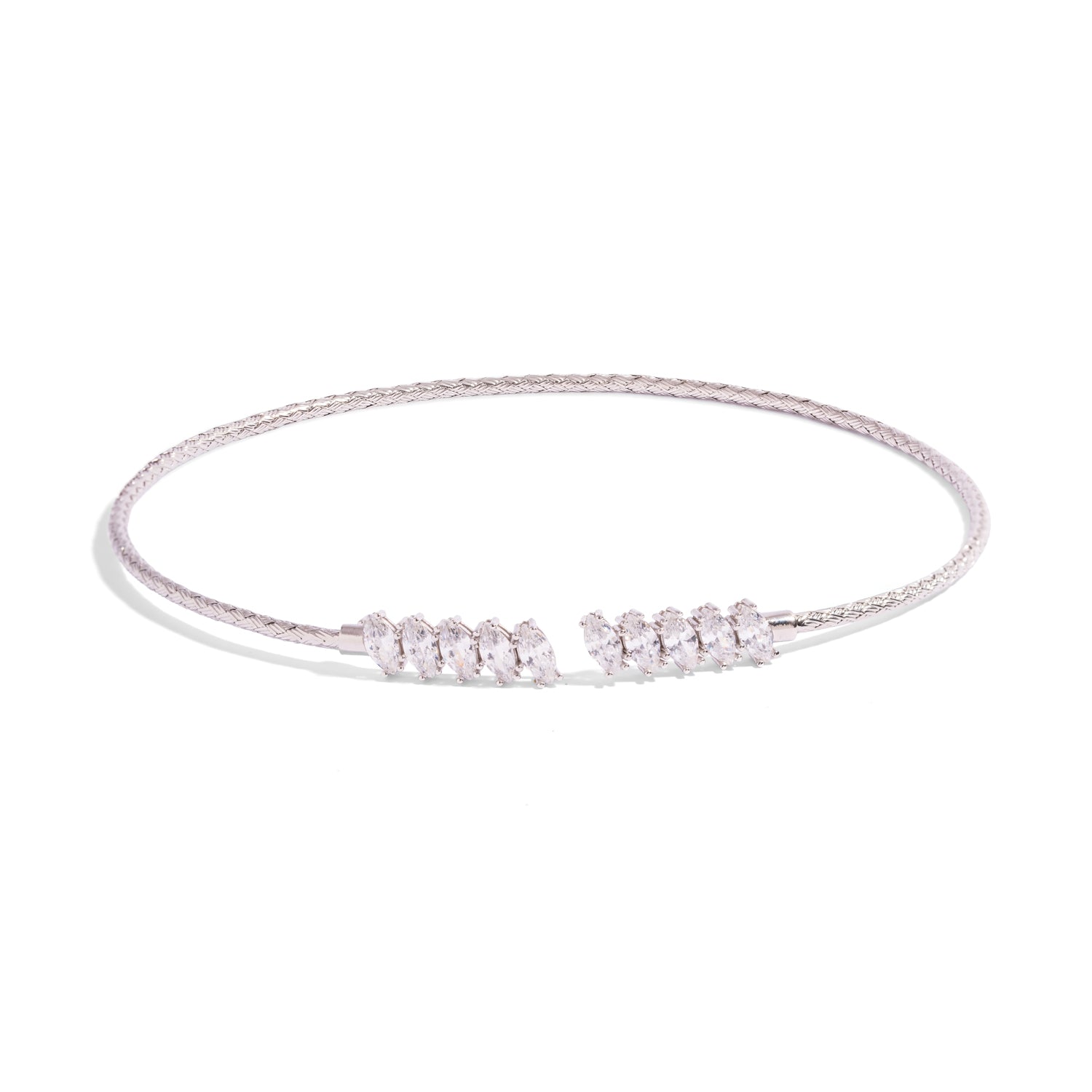 Hand woven sterling silver choker necklace with an open front and five graduated marquise cubic zirconia along each side