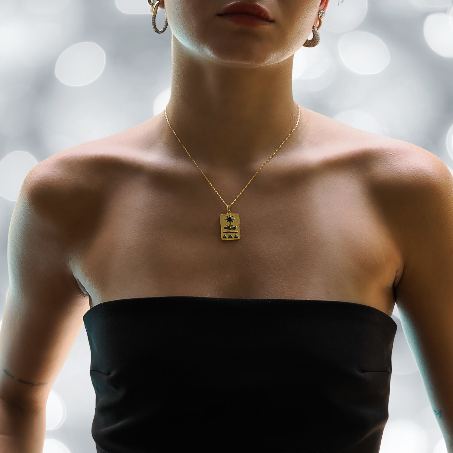 Model Adorning the All In Your Hands Sun Necklace Gold - A Celestial Beauty.