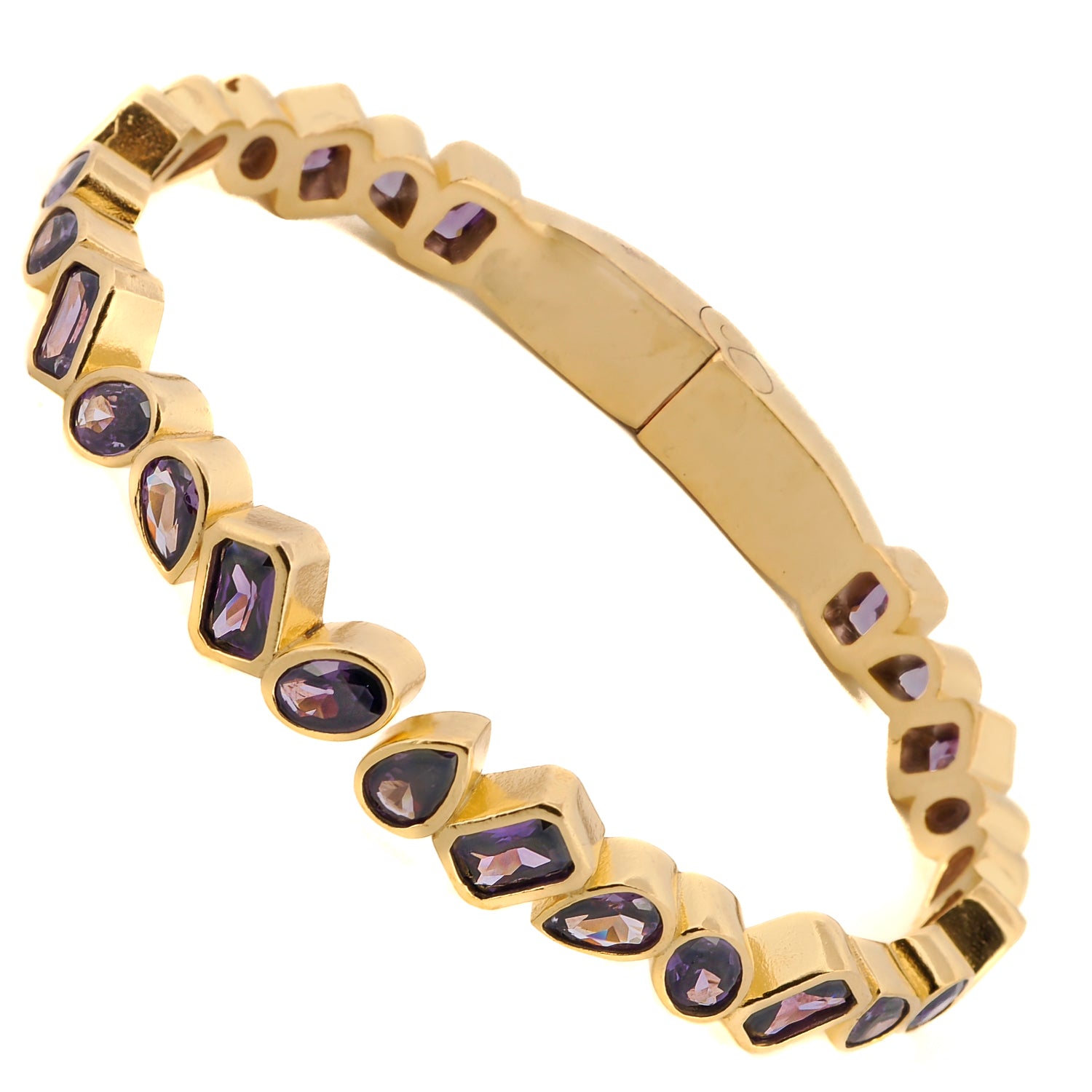 Sophisticated bangle bracelet featuring rich amethyst stones and a luxurious 24k gold finish