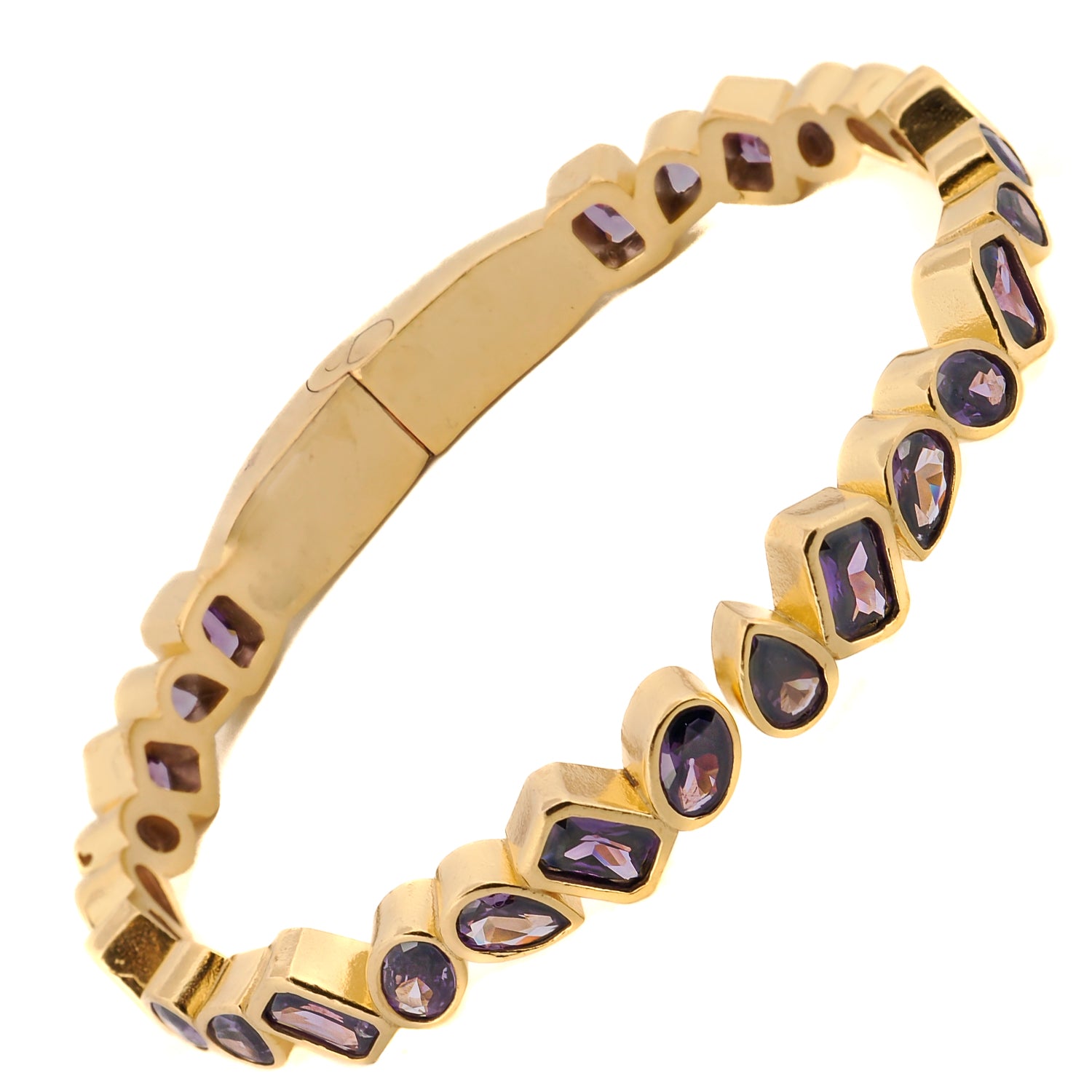 High-quality brass bangle with gold plating and striking amethyst stones for timeless elegance