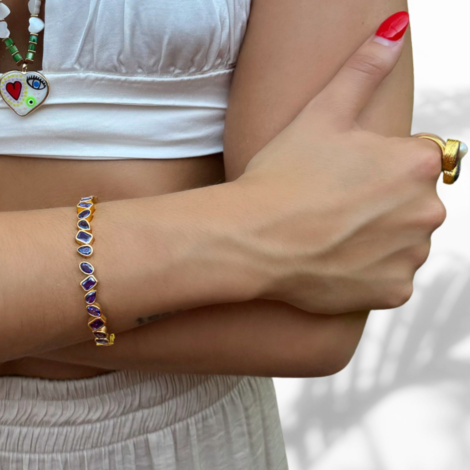 Elegant amethyst and gold bangle bracelet, crafted with high-quality brass and 24k gold plating