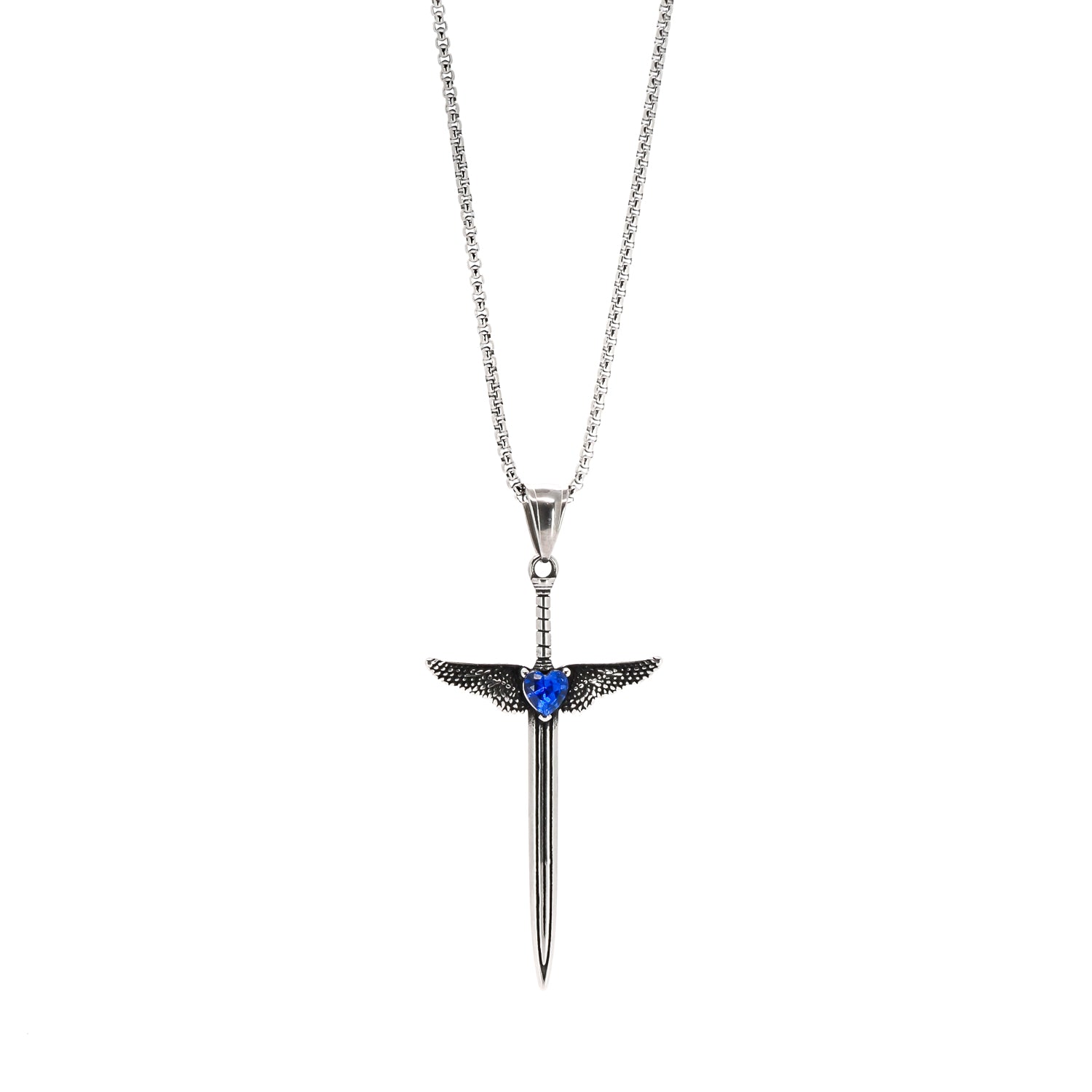 Angel Wings Sword Blue Heart Silver Steel Necklace