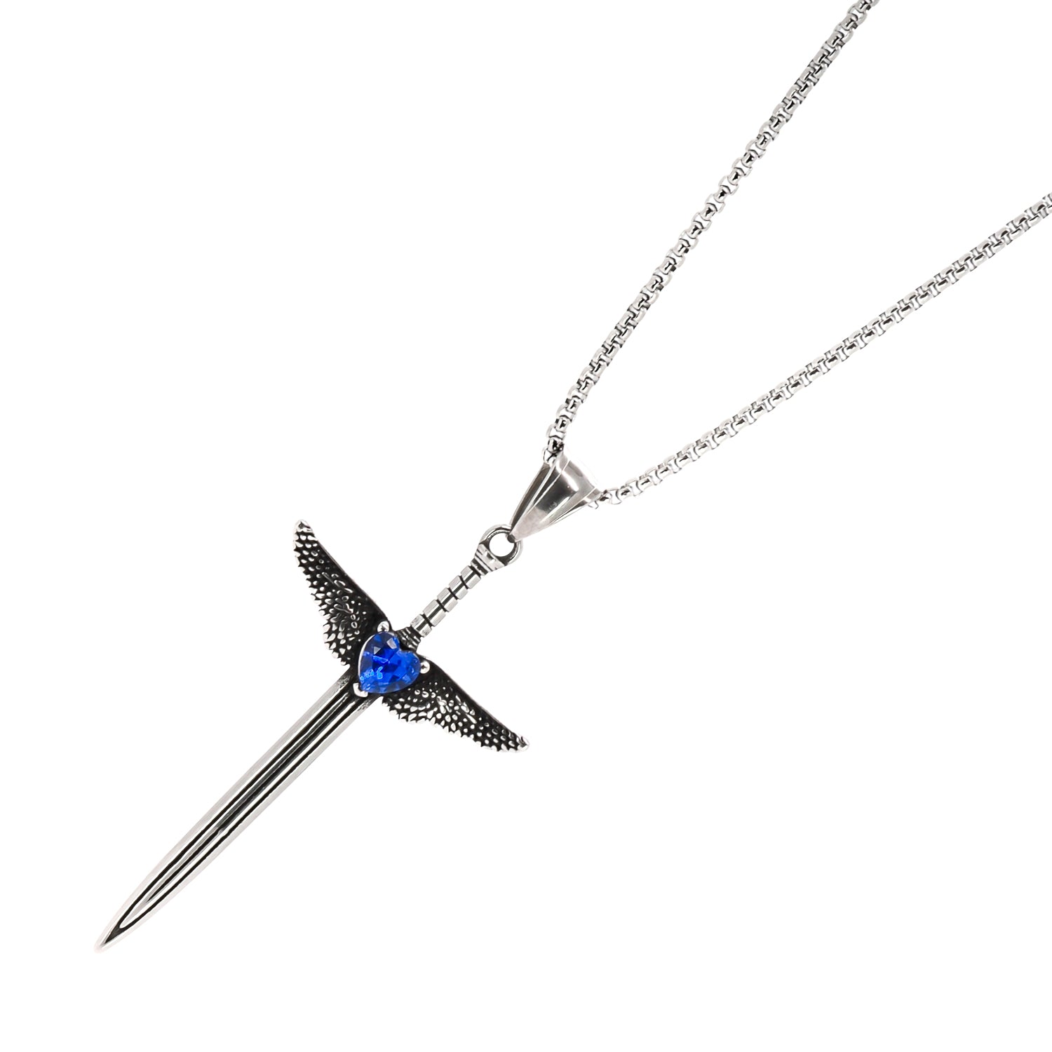 Angel Wings Sword Blue Heart Silver Steel Necklace