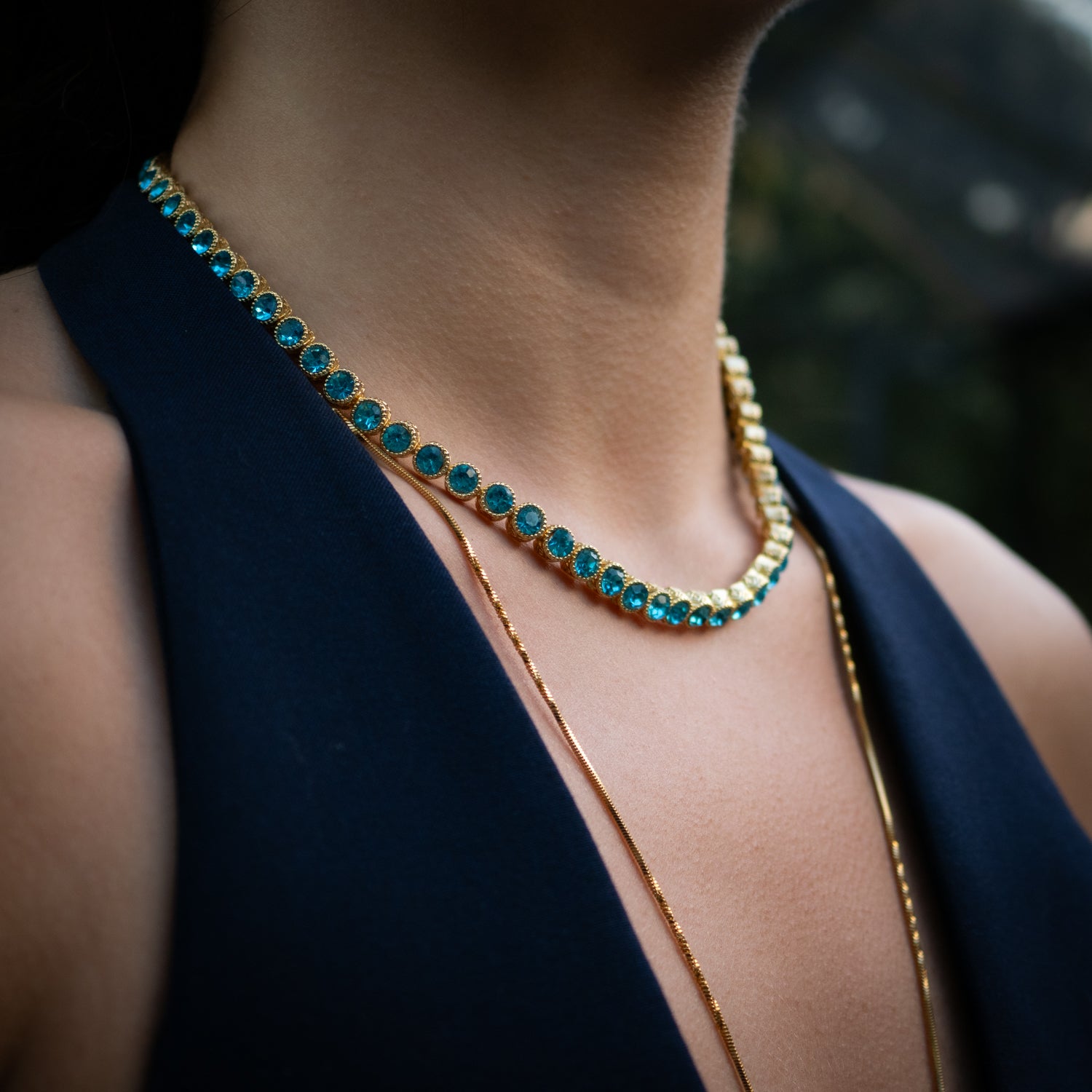 Aquamarine Stone Tennis Necklace with 18K Gold-Plated Bronze, Balancing Energy and Style
