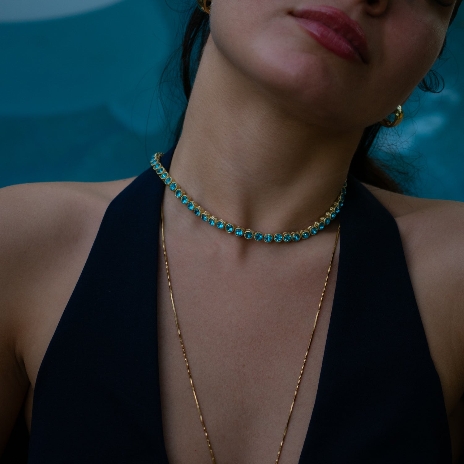 Gold-Plated Aquamarine Tennis Necklace, a Symbol of Courage and Tranquility
