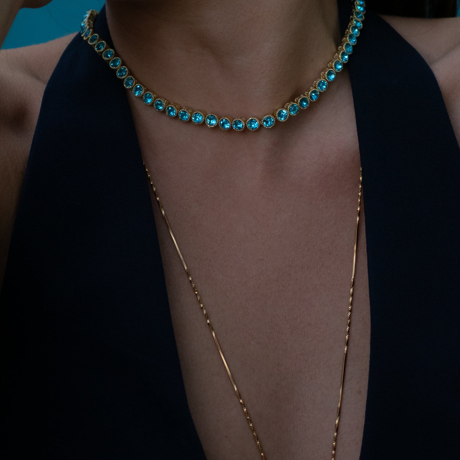 Gold-Plated Aquamarine Tennis Necklace, a Mystical Piece for Calmness and Clarity
