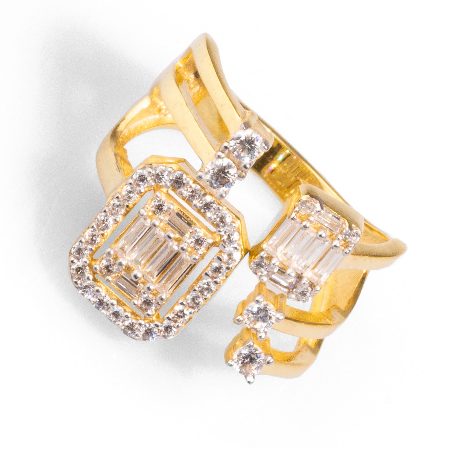 Elegant 18K gold-plated ring with CZ baguette diamonds, adjustable to fit sizes 5'' to 7'', ideal for a touch of luxury.