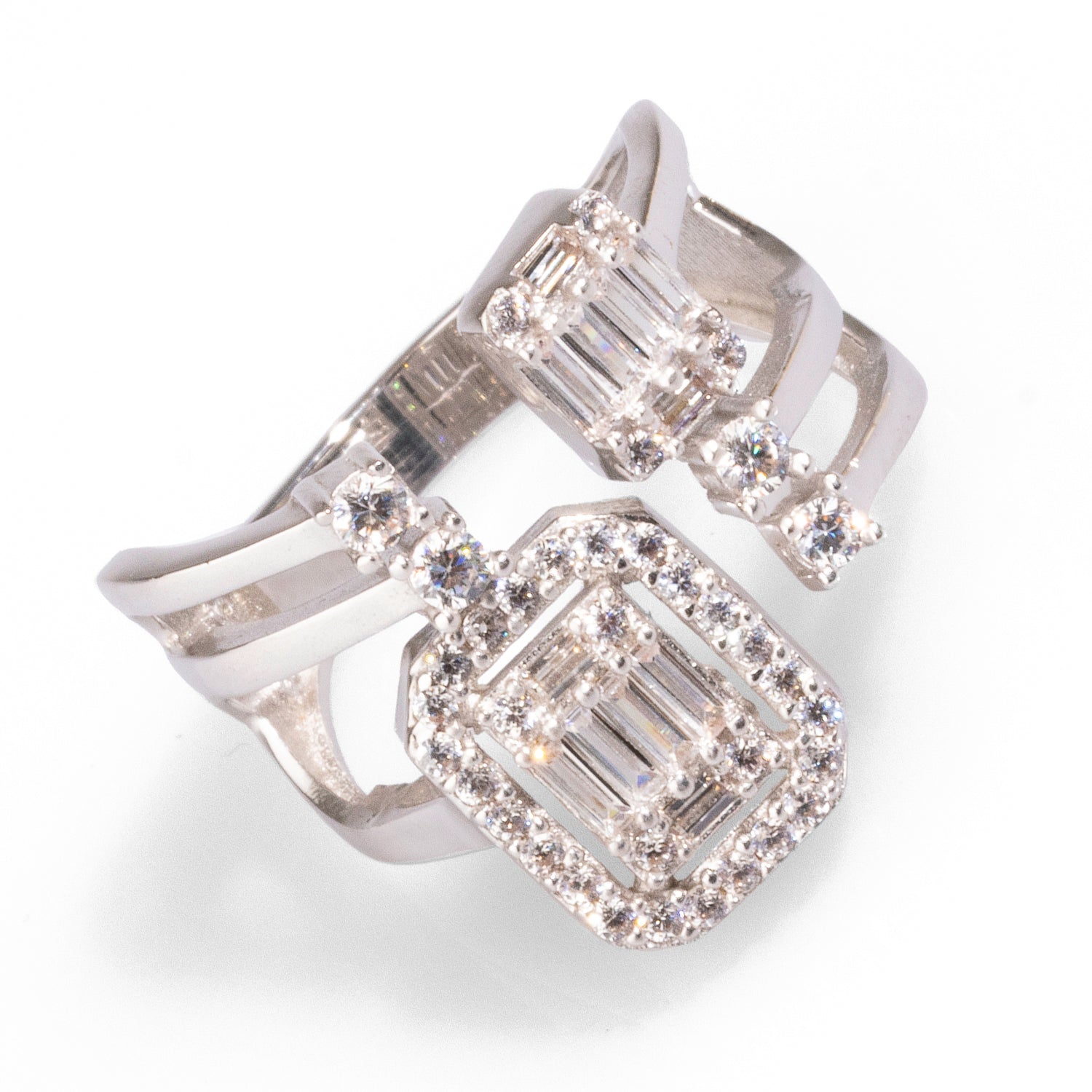 Sophisticated sterling silver ring with a baguette diamond design, adjustable from size 5'' to 7'' for versatile wear.