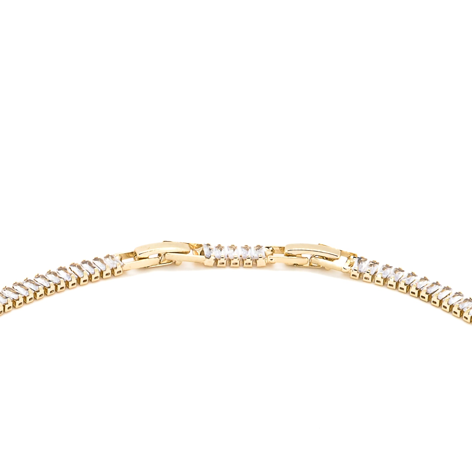 Baguette Diamond Gold Choker Necklace on a model, radiating confidence in the stunning gold and diamond accessory.