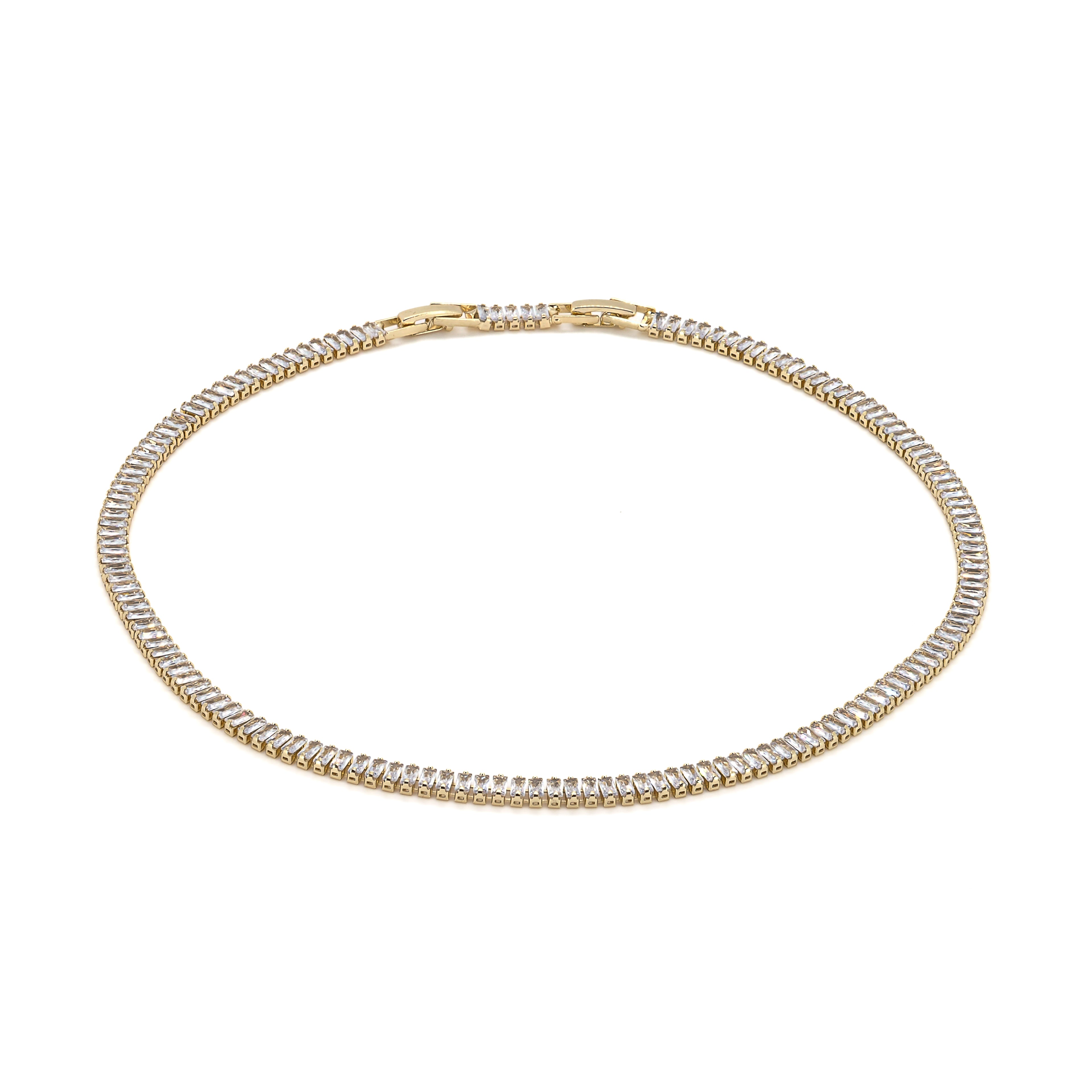 Baguette Diamond Gold Choker Necklace in 18K gold-plated brass and CZ Diamonds, elegant and luxurious jewelry.