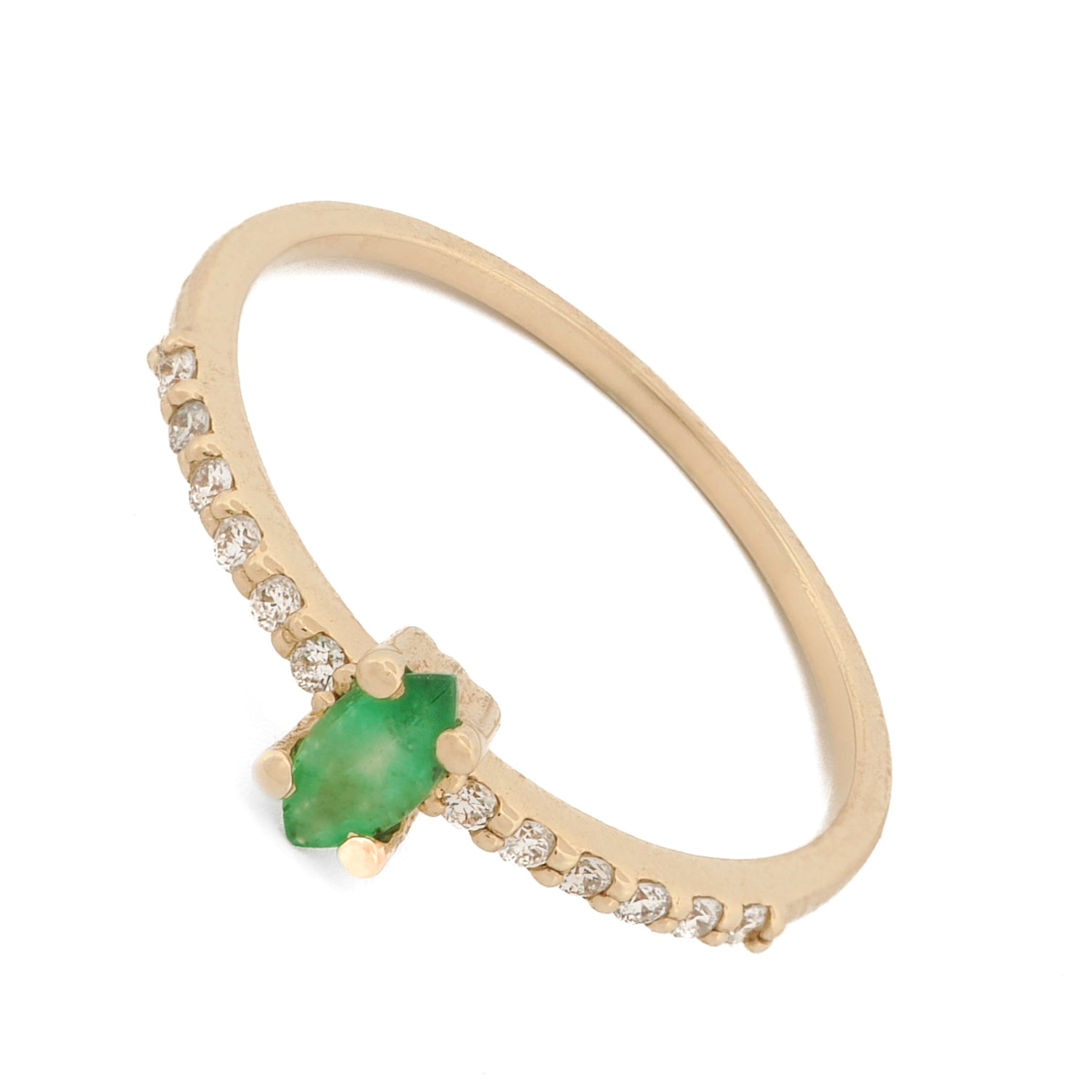 14K Gold Band Ring with Emerald Gemstone and Diamonds for Calming and Elegant Style
