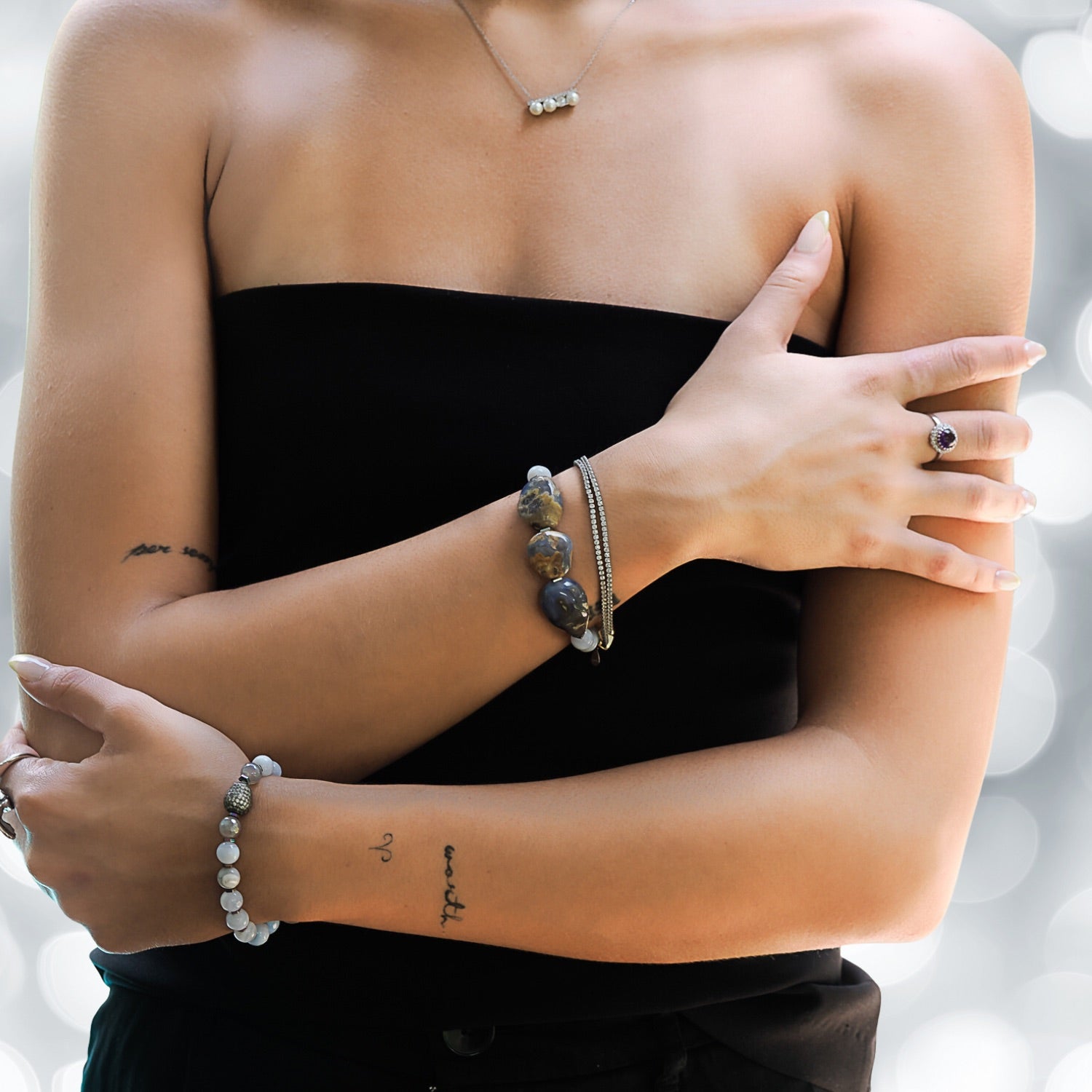 Model Wearing Balancing Agate Gemstone Bracelet - Finding inner balance in style.