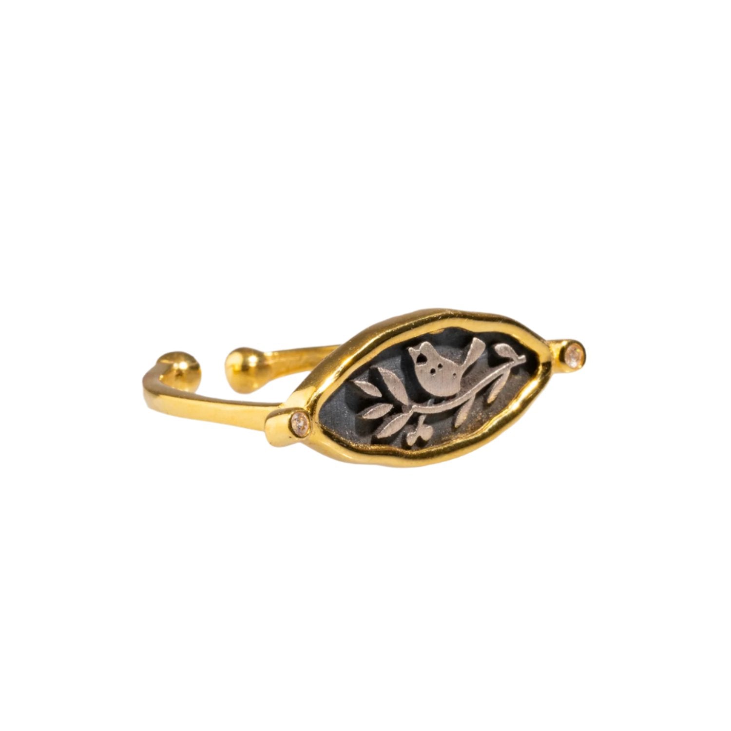 Teardrop-shaped sterling silver signet ring with intricate olive leaf and bird engravings, framed with 18k gold plating