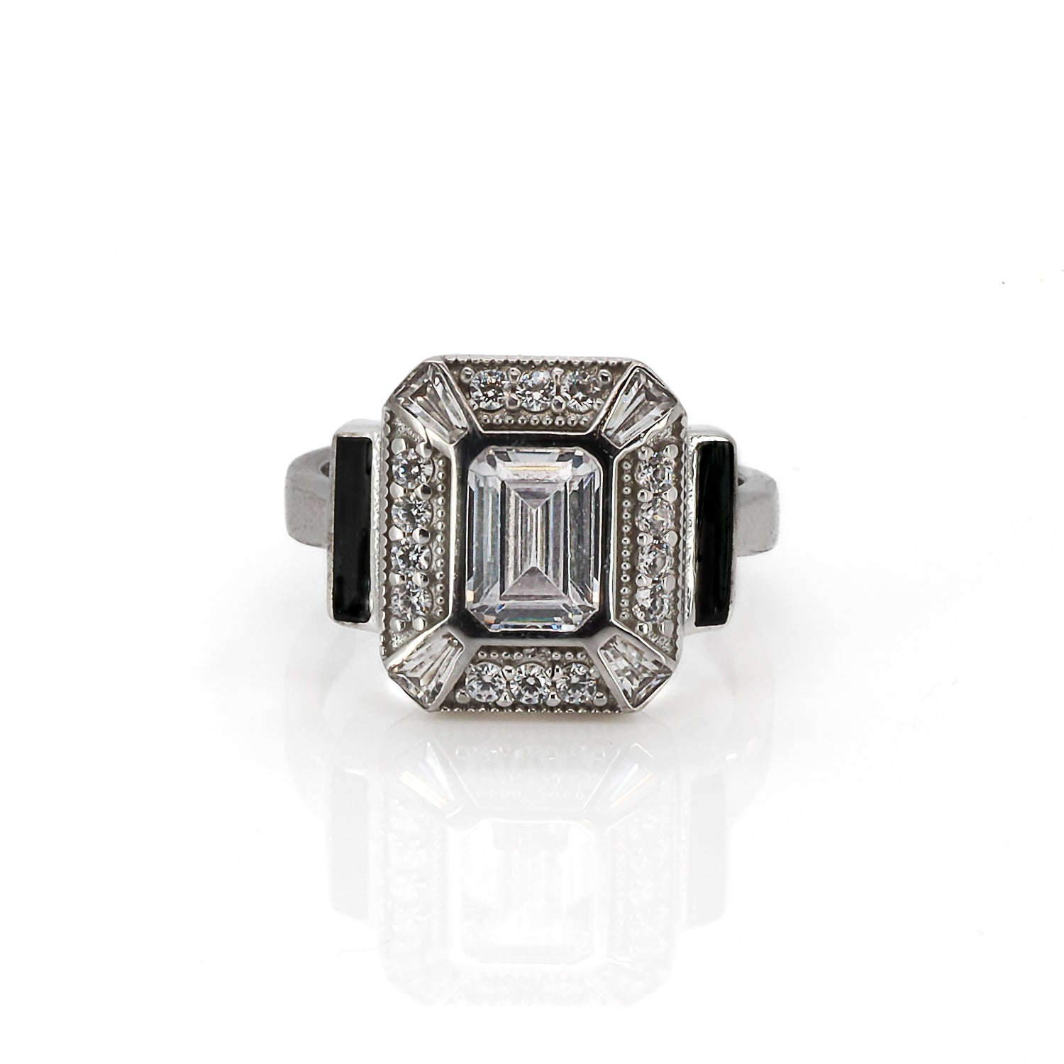 Black Enamel & Diamond Silver Ring - Handcrafted Elegance