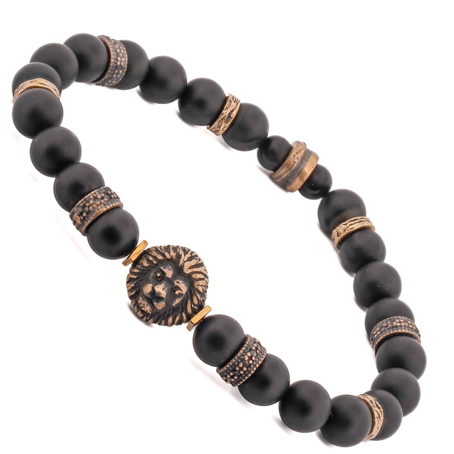 Handcrafted Matte Black Onyx Bracelet with a commanding bronze lion charm and gold hematite accents