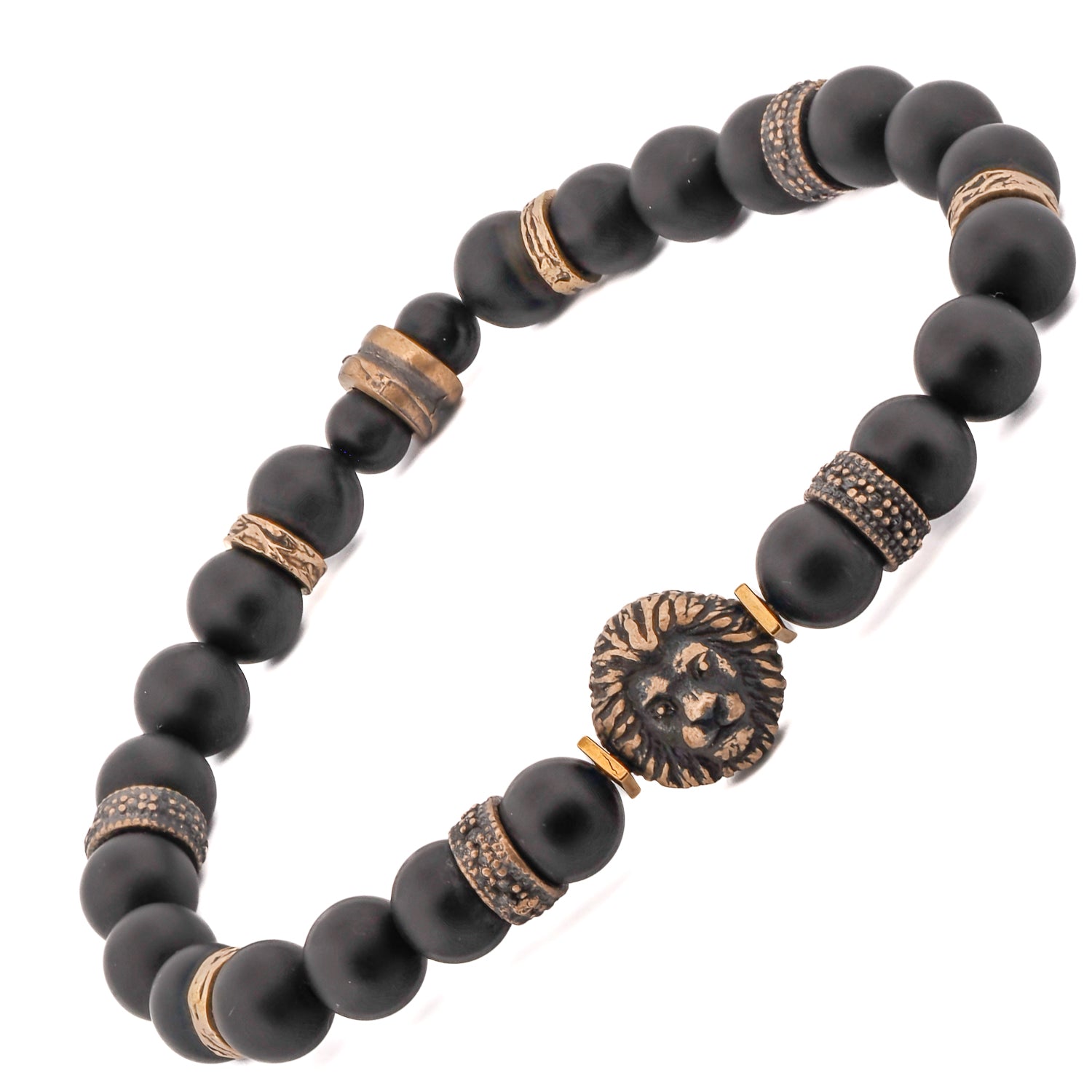 Unique Black Onyx and Bronze Lion Bracelet, handcrafted with 8mm matte black onyx beads and bronze spacers