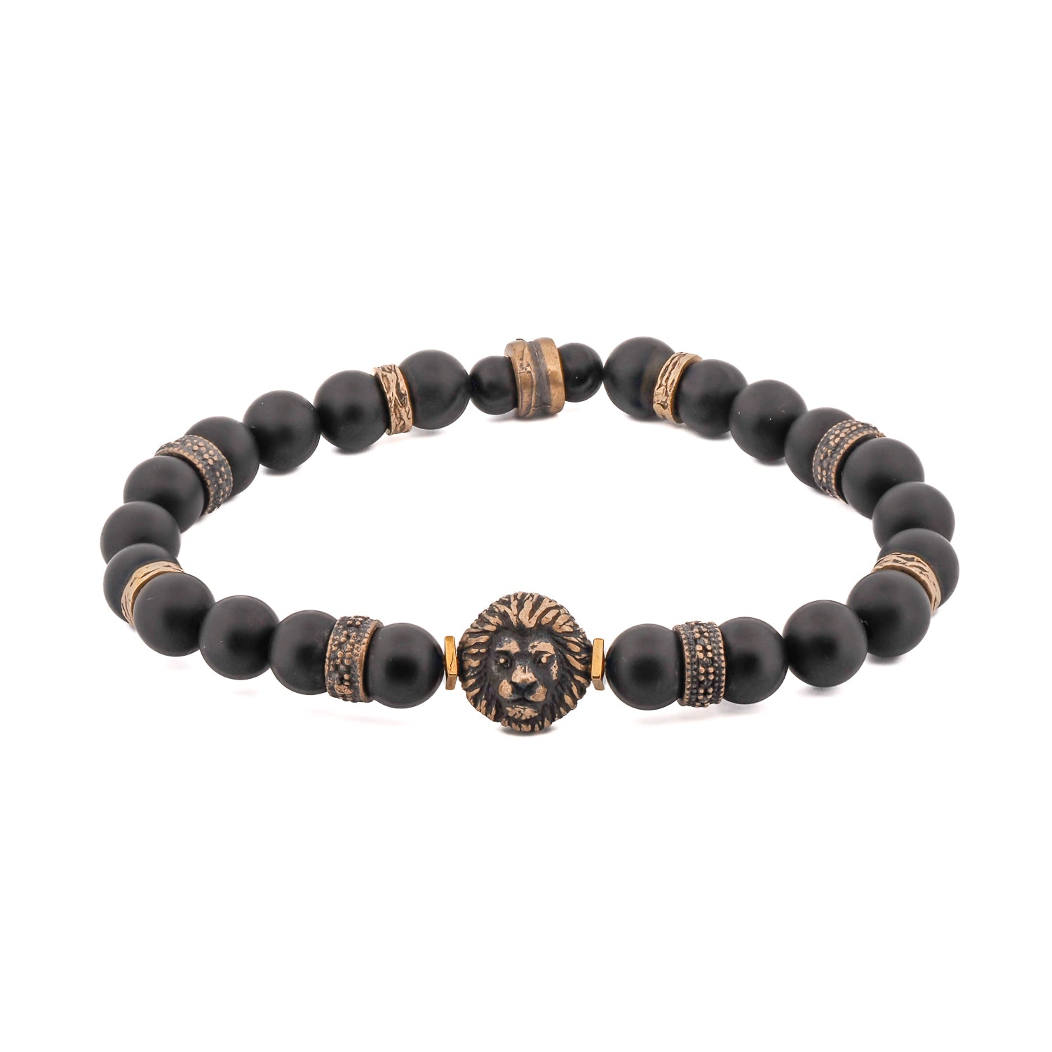 Black Onyx Stone King Lion Beaded Bracelet featuring 8mm matte black onyx beads and a bronze king lion charm