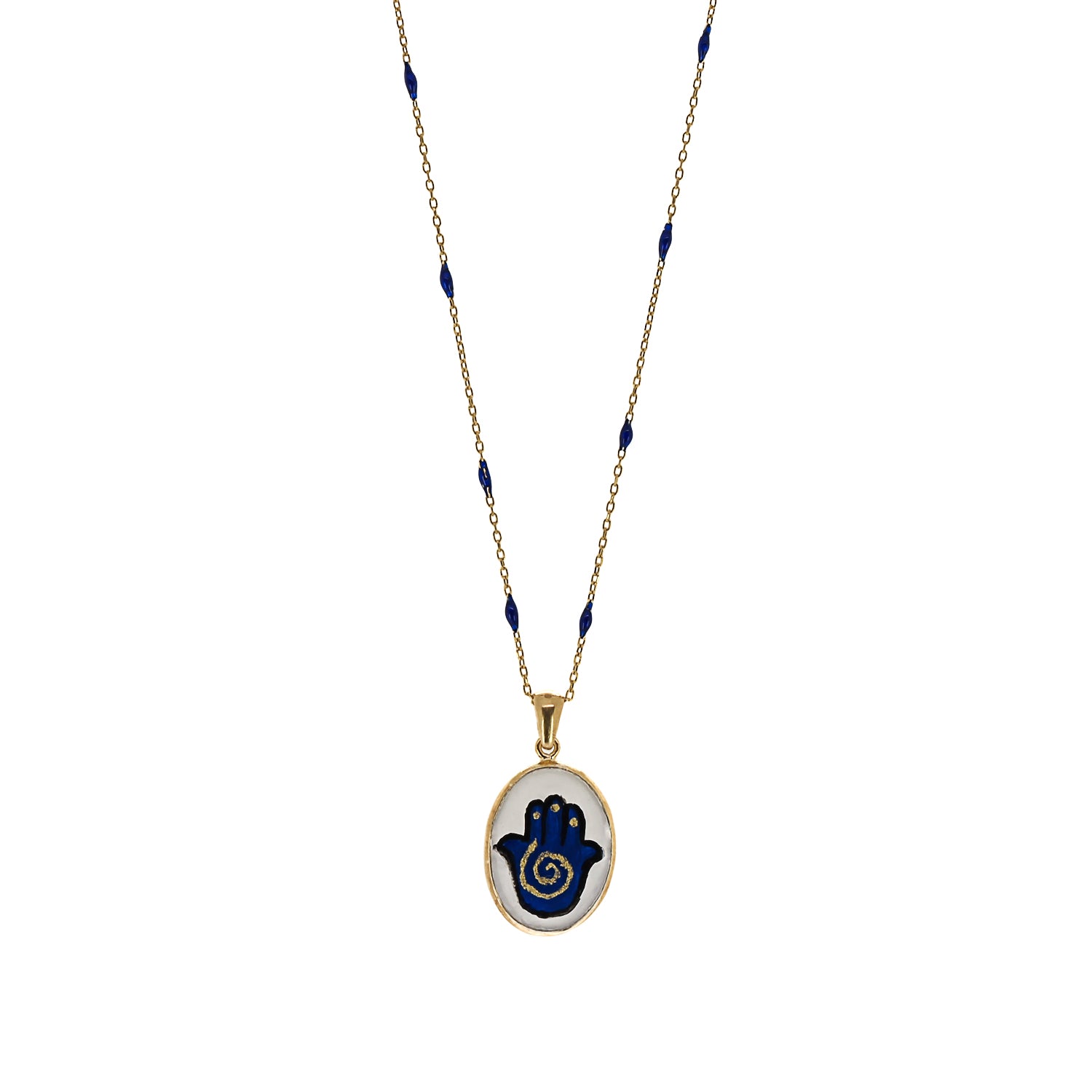 Sterling Silver Hamsa Pendant with Delicate Curves and Blue Enamel Detailing.
