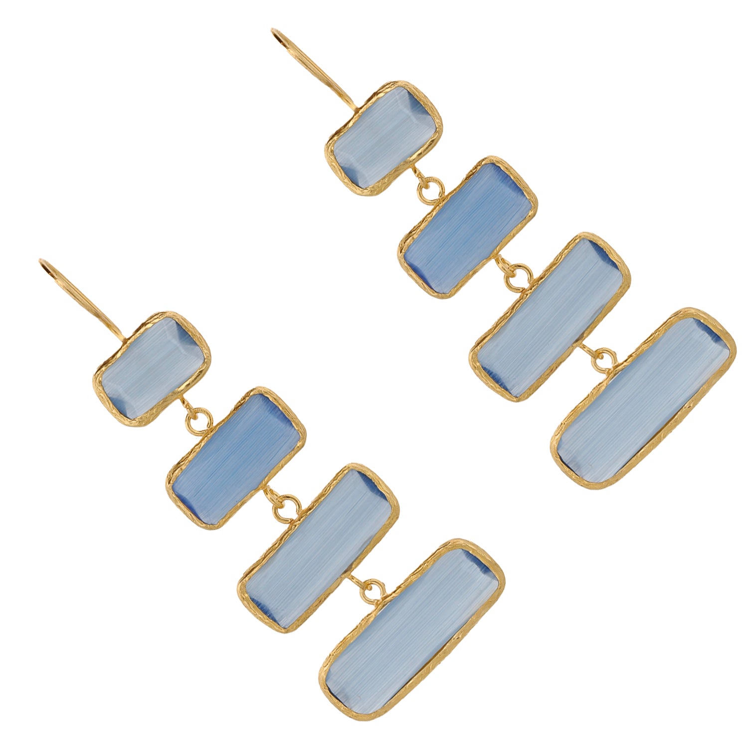 Lightweight Blue Cat Eye Earrings with Gold-Plated Brass