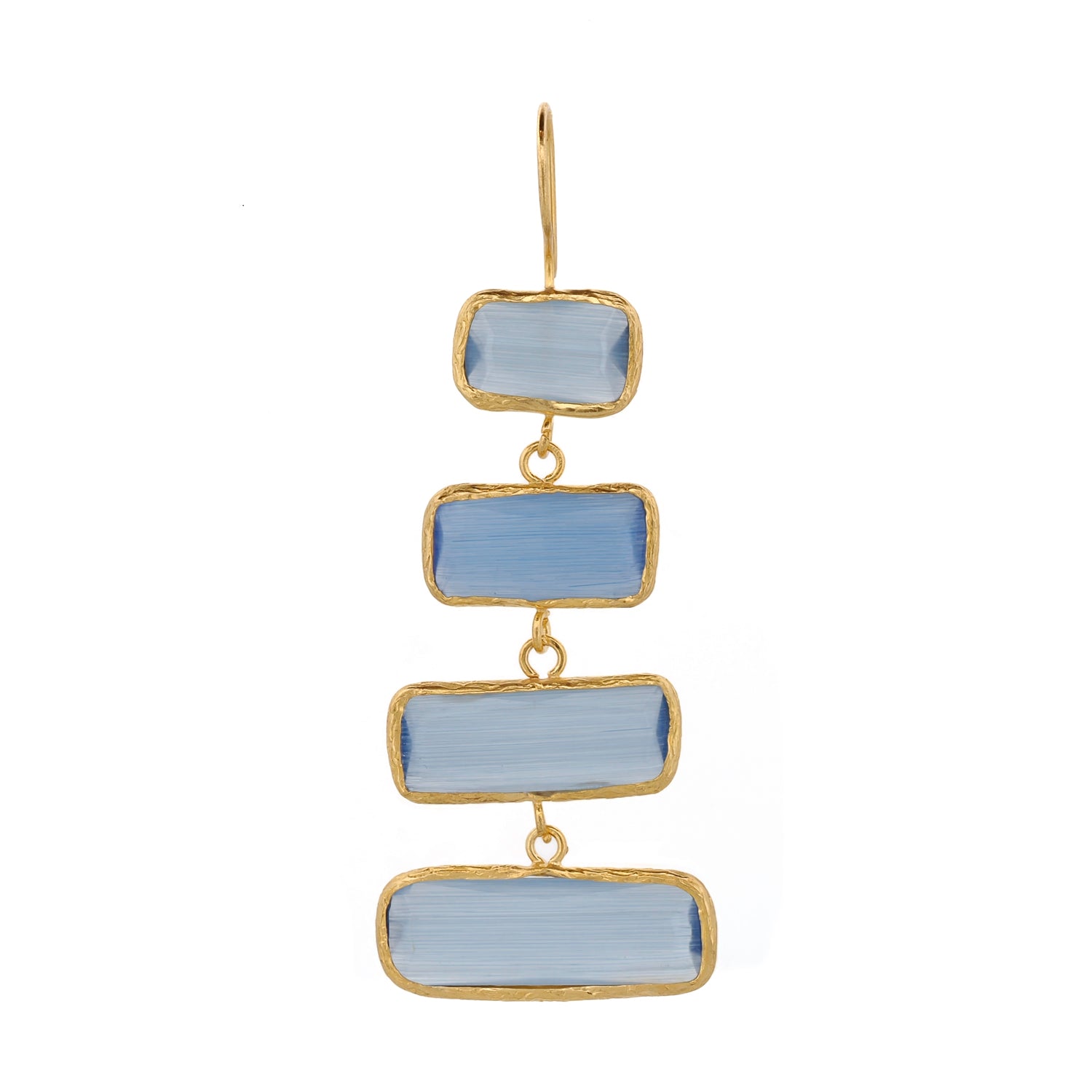 Stylish Blue Cat Eye Gemstone Earrings with Gold Dangle Design