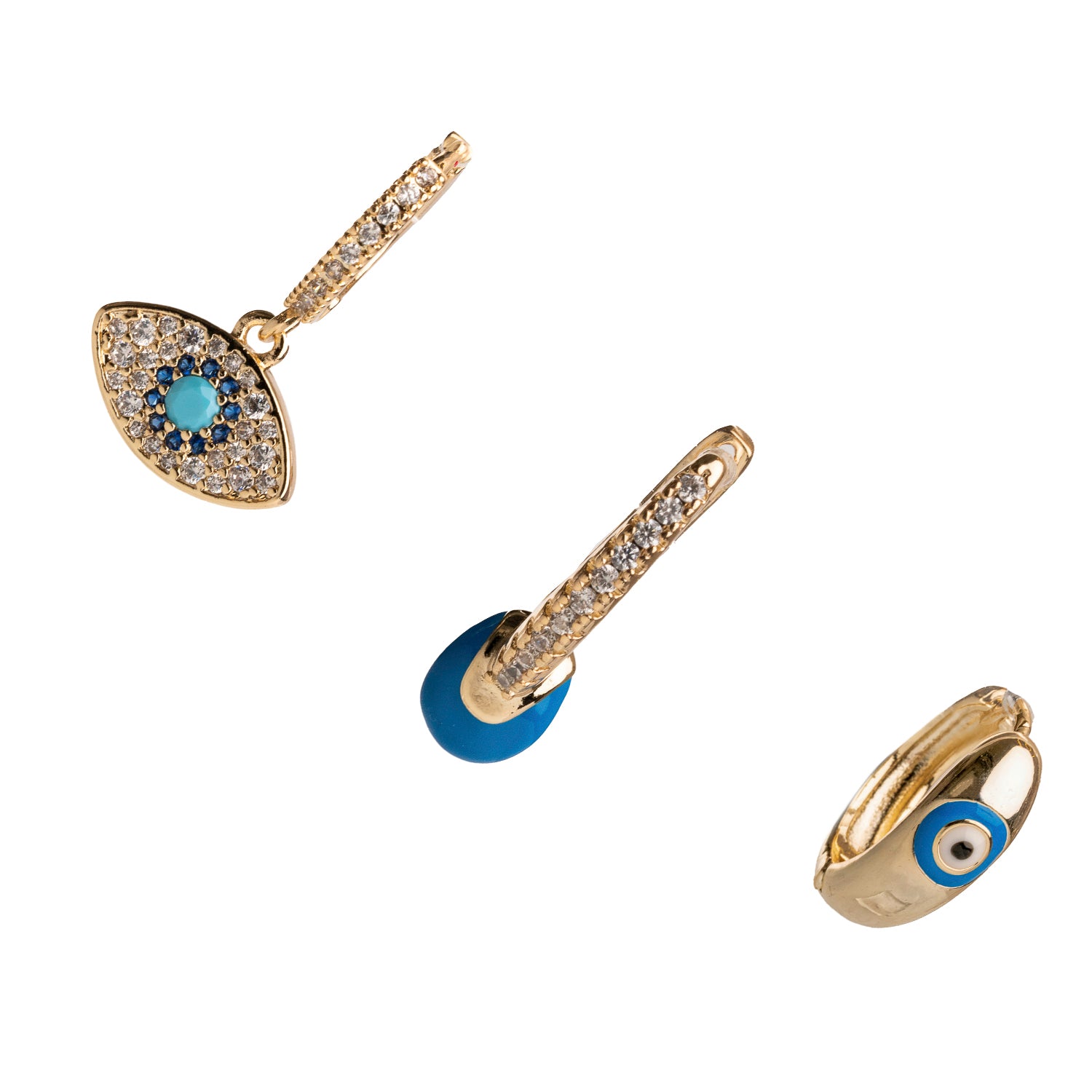 Gold-plated hoop earrings with CZ diamonds and blue enamel Evil Eye charms, designed for protection and charm.