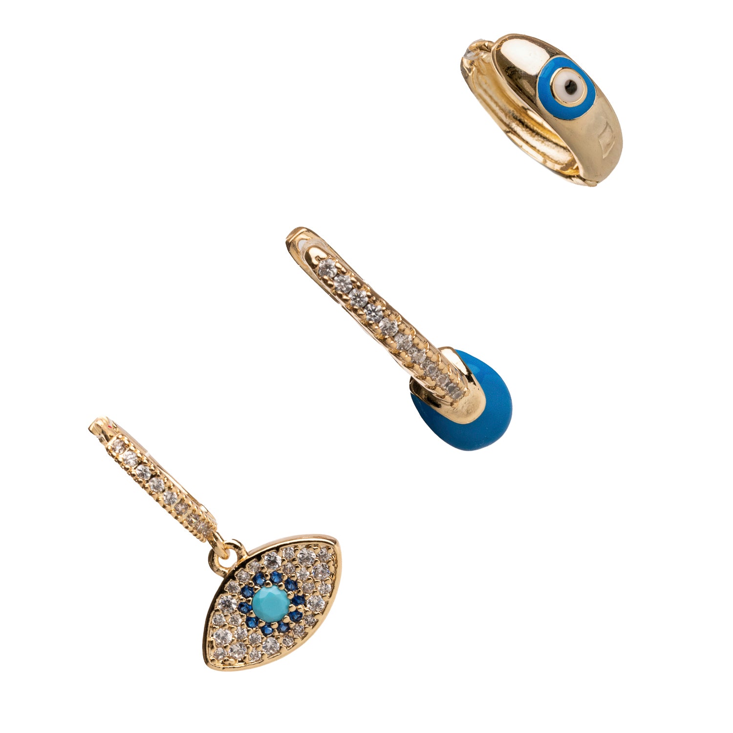 Gold hoop earrings adorned with blue Evil Eye charms and CZ diamonds, combining elegance with meaningful symbolism.