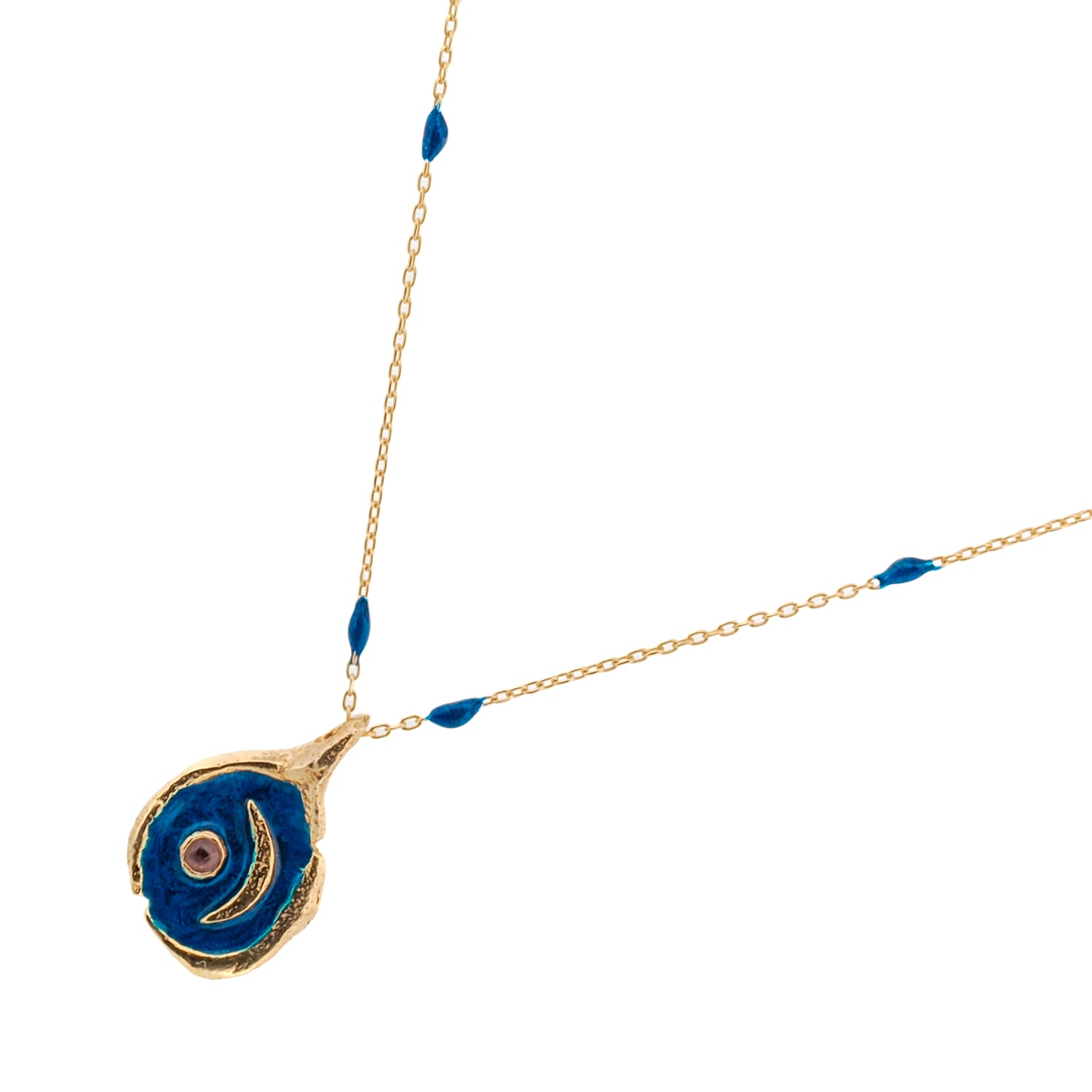 Tourmaline Stone Blue Moon Gold &amp; Enamel Chain Necklace