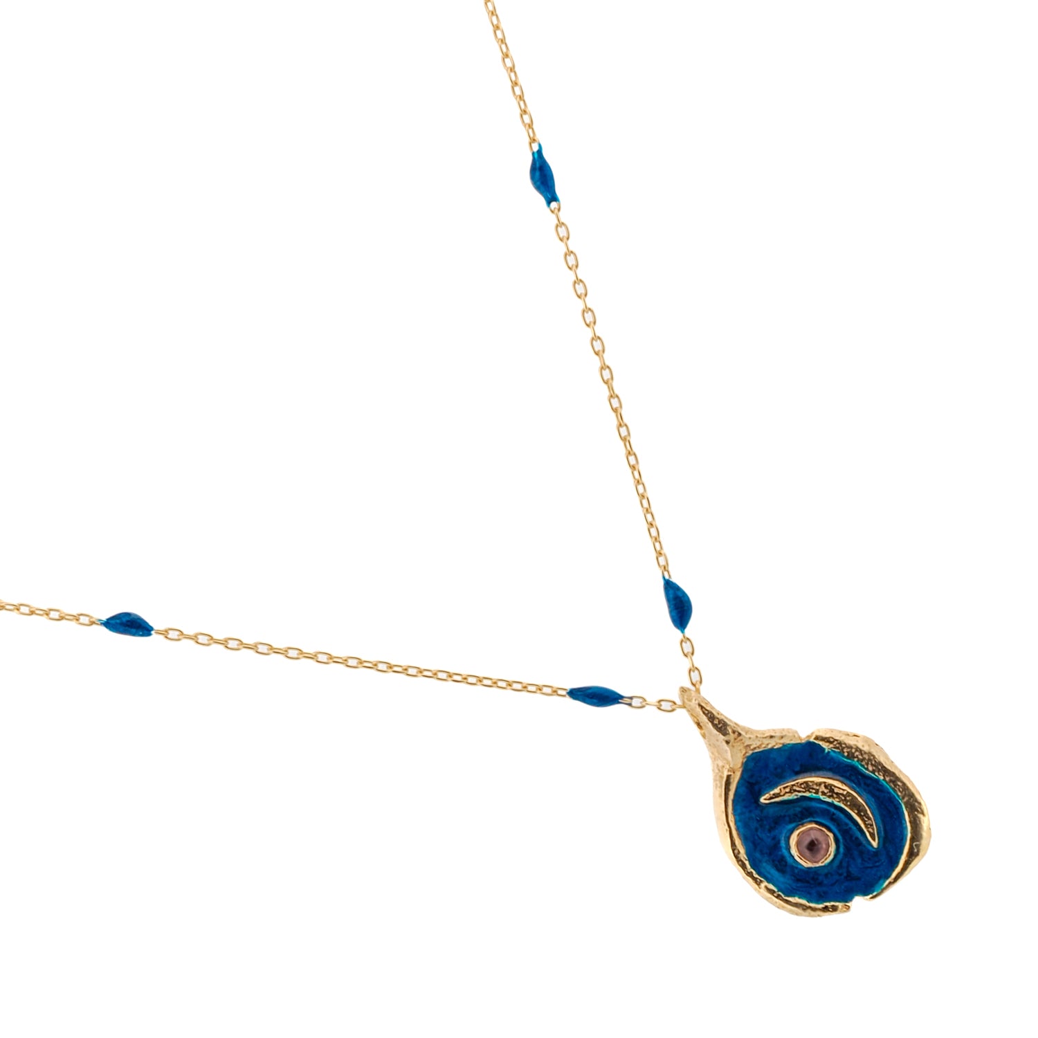 Tourmaline Stone Blue Moon Gold &amp; Enamel Chain Necklace