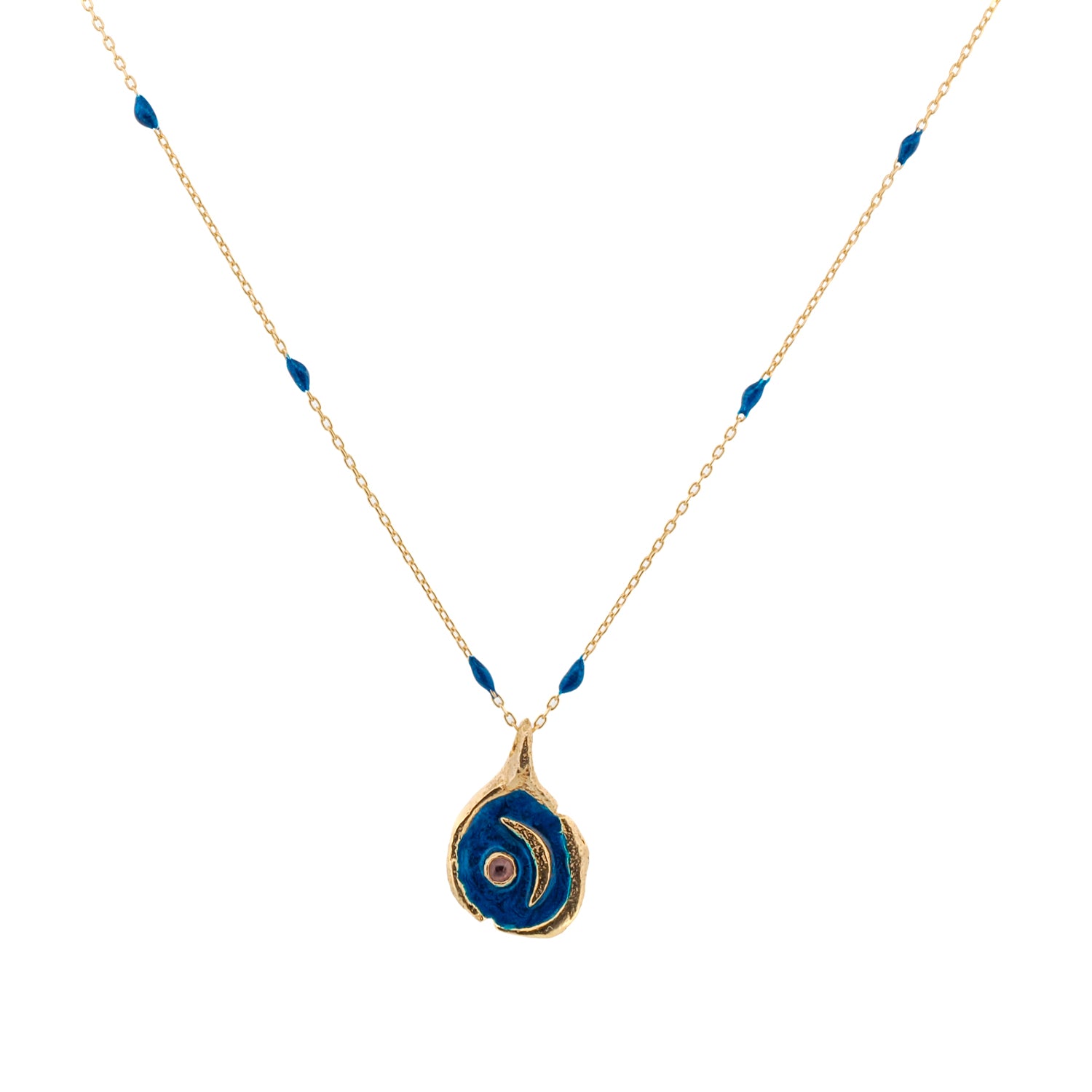 Tourmaline Stone Blue Moon Gold &amp; Enamel Chain Necklace