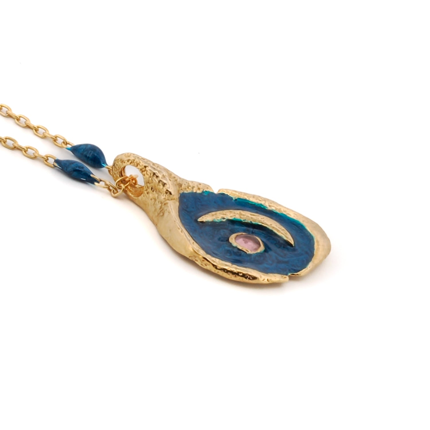 Tourmaline Stone Blue Moon Gold &amp; Enamel Chain Necklace