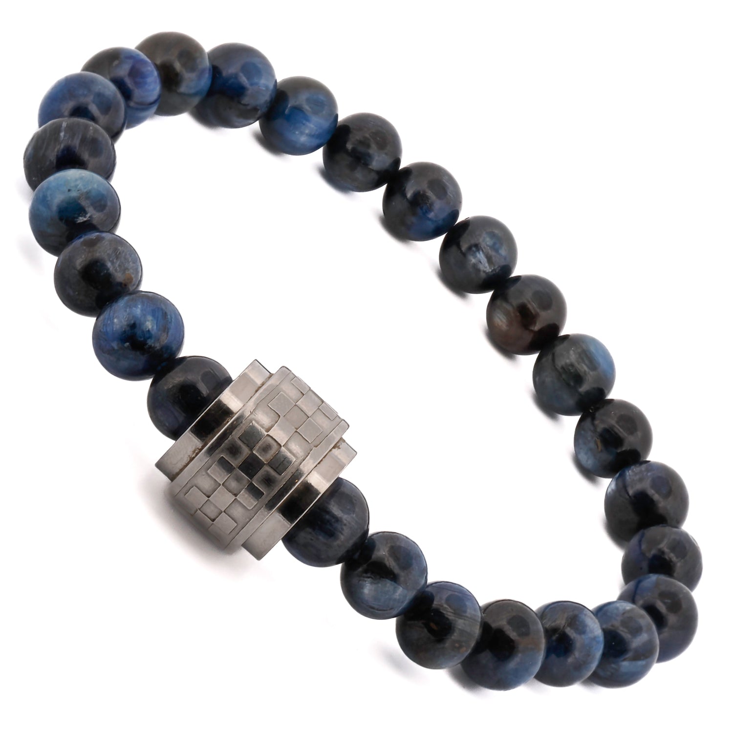 Unique Blue Tiger's Eye Stone and Stainless Steel Amour Bracelet, handcrafted for men who appreciate unique jewelry
