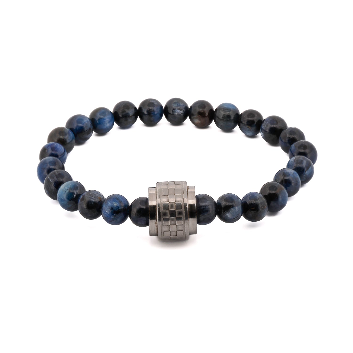Blue Tiger's Eye Beaded Silver Amour Bracelet featuring 8mm blue tiger's eye stone beads and a stainless steel Amour bead